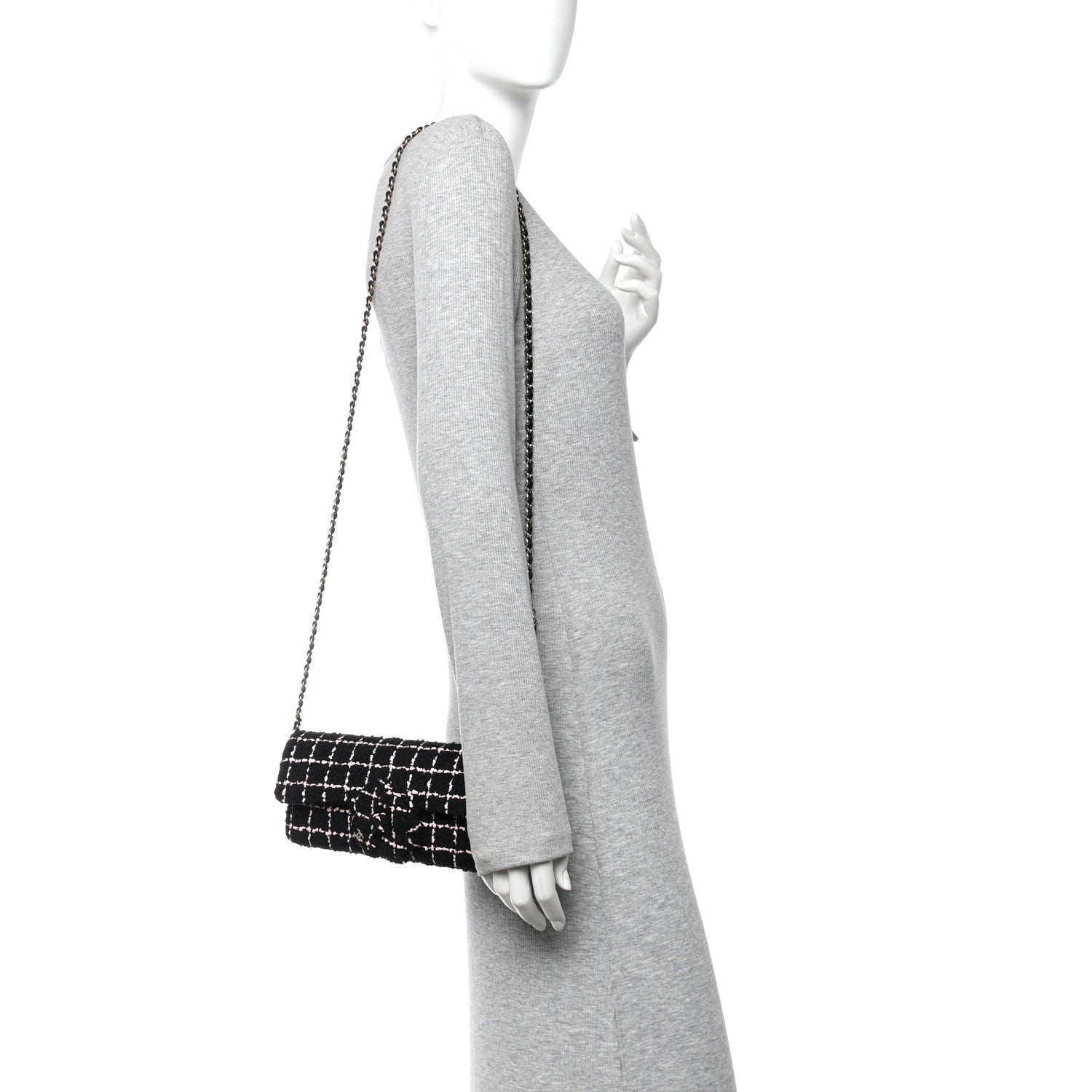 Tweed Quilted East West Camellia Clutch Black Pink