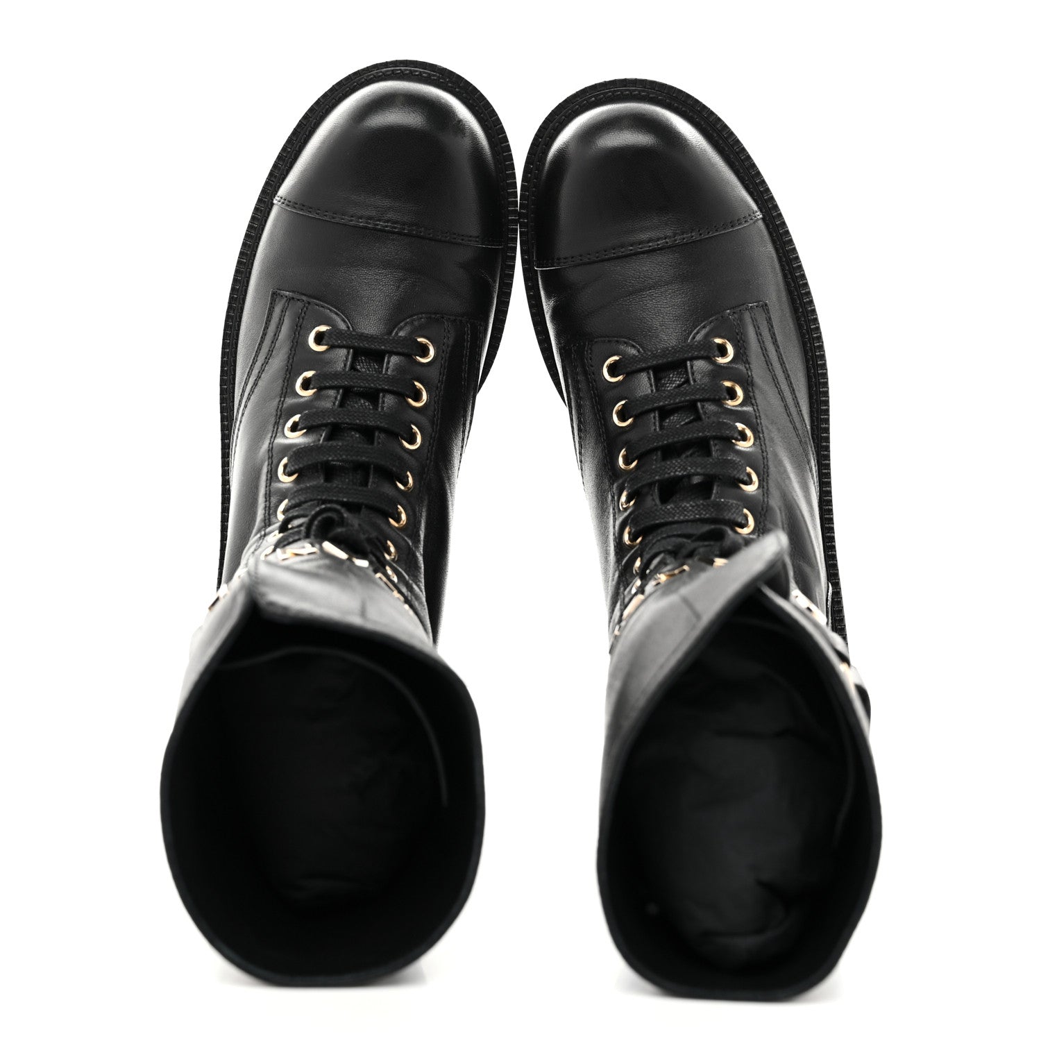 Shiny Calfskin Lace Up Combat Boots 37 Black