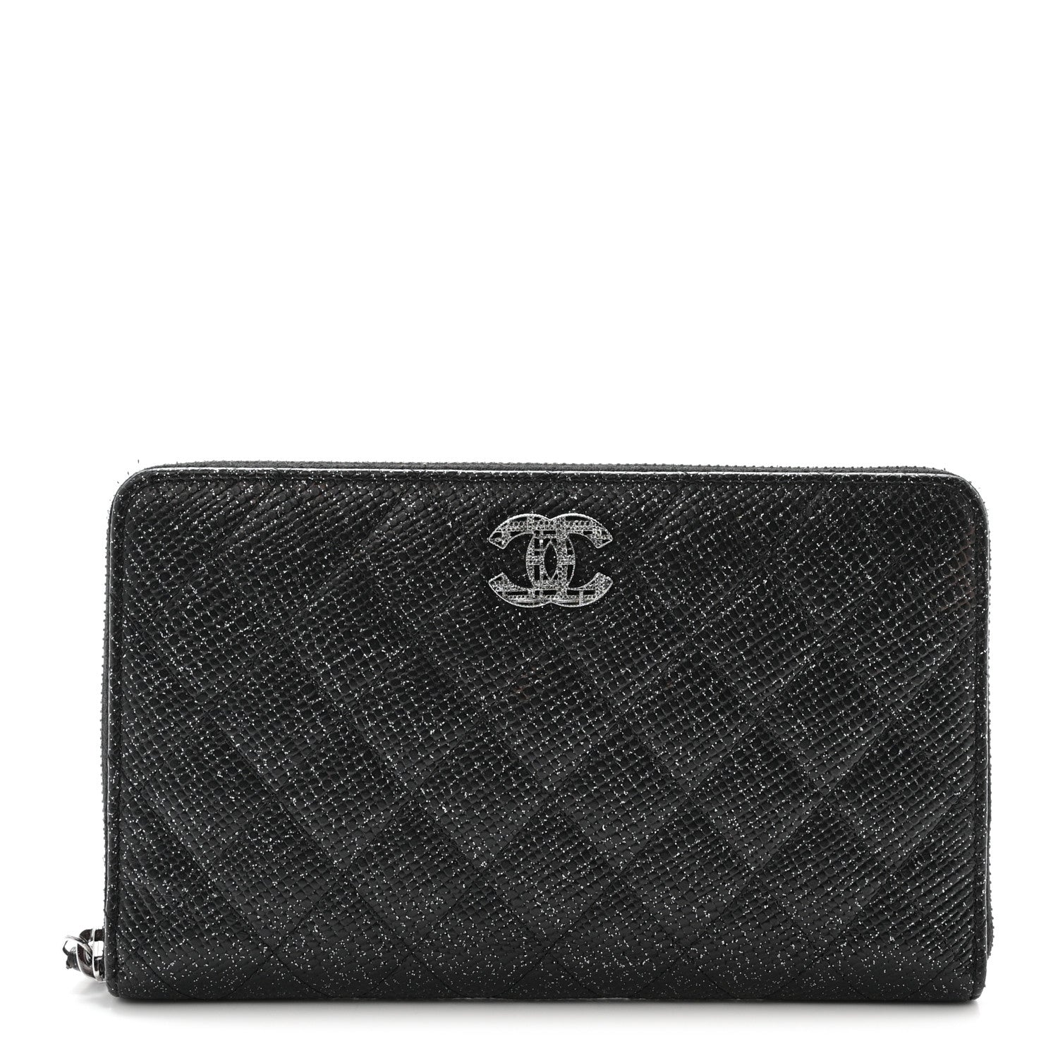 Glittered Calfskin Quilted Large Zip Around Organizer Wallet Black