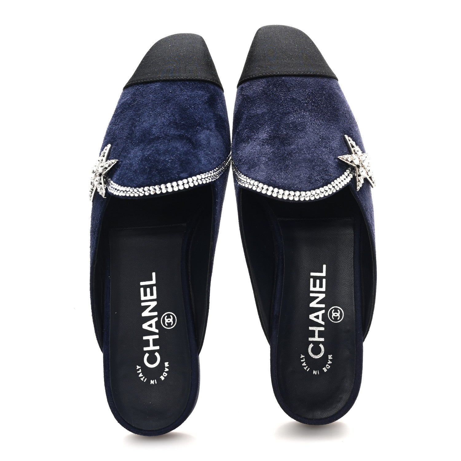 Suede Calfskin Grosgrain Crystal CC Star Mules  37.5 Blue Black
