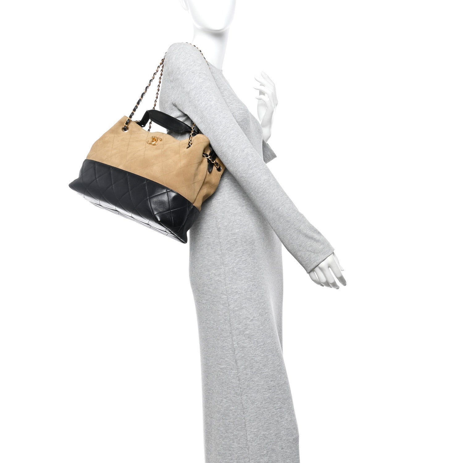 Suede Calfskin Shiny Lambskin Quilted Small Shopping Bag Beige Black
