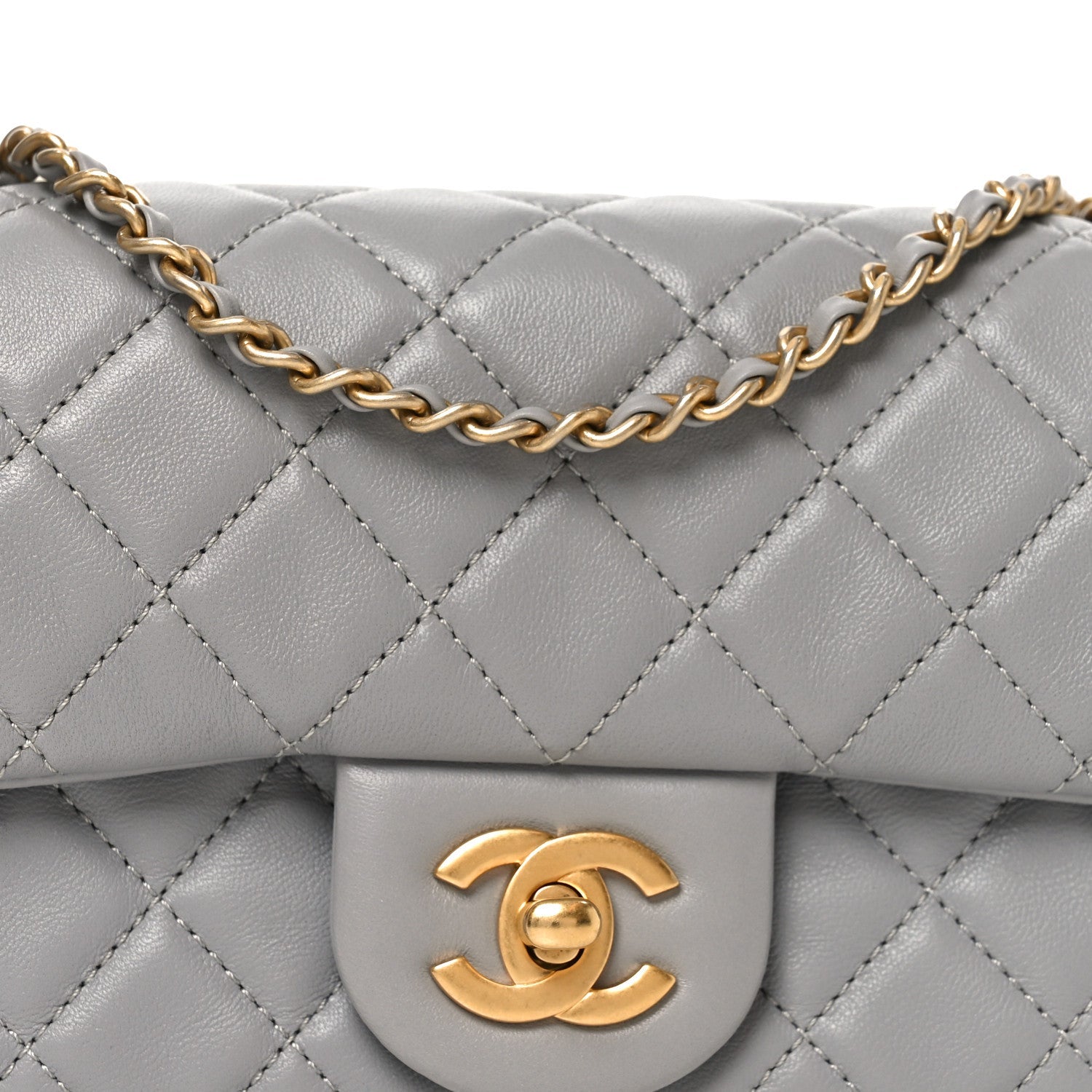 Lambskin Quilted Mini Rectangular Pearl Crush Flap Grey