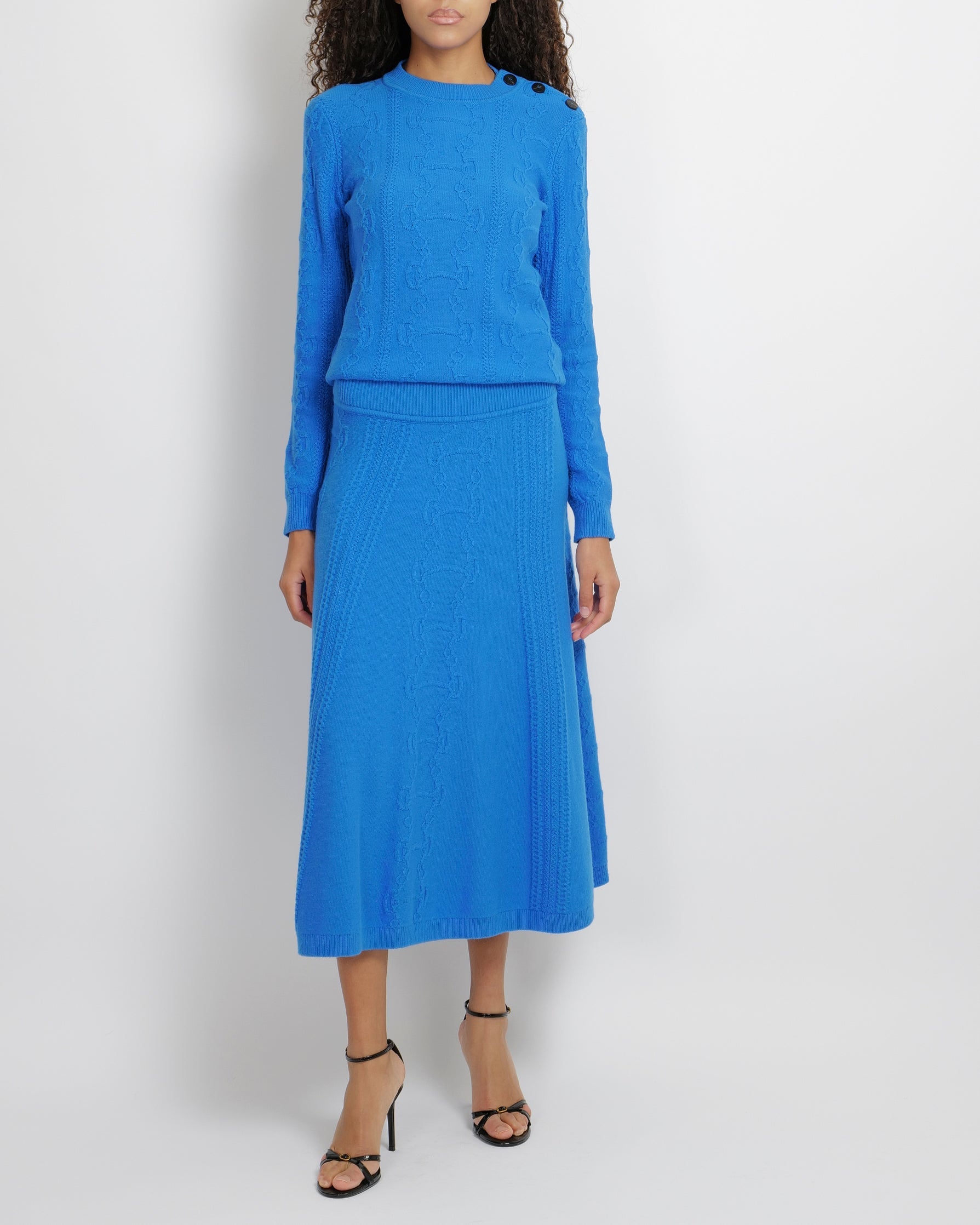 Hermès Blue Wool Knitted Jumper with Brown Logo Buttons Size FR 36 (UK 8)