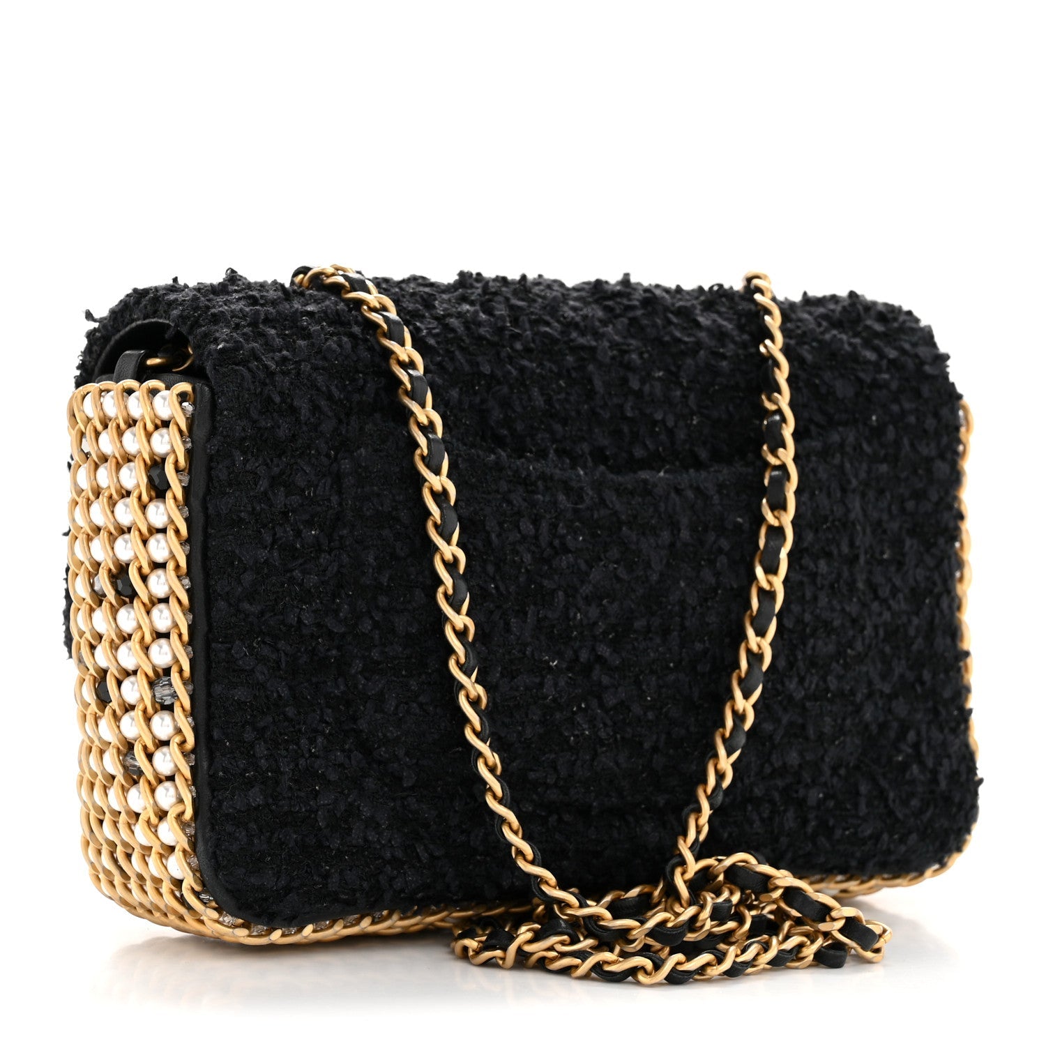 Tweed Quilted Mini Side Pearl Flap Bag Black