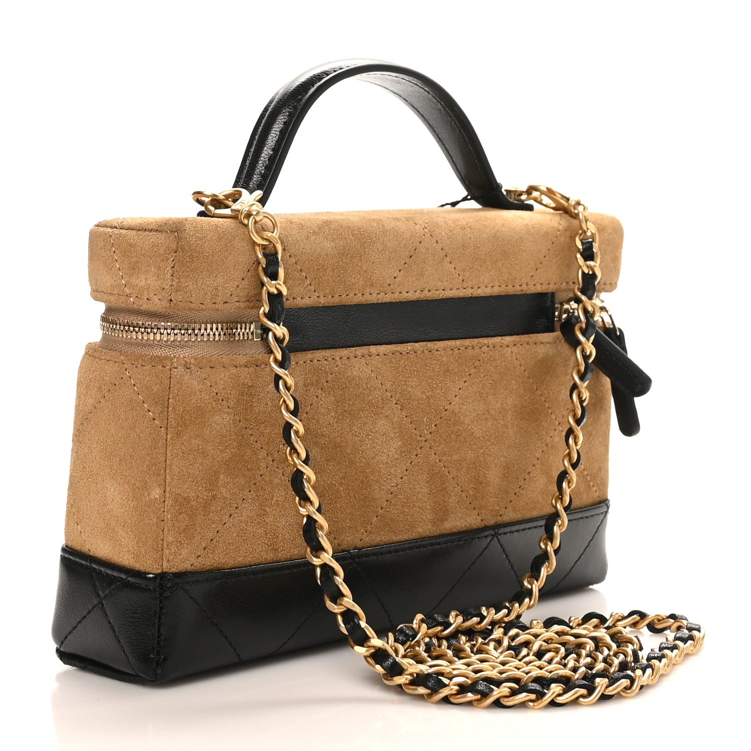 Suede Calfskin Shiny Lambskin Quilted Top Handle Slim Vanity Case With Chain Beige Black