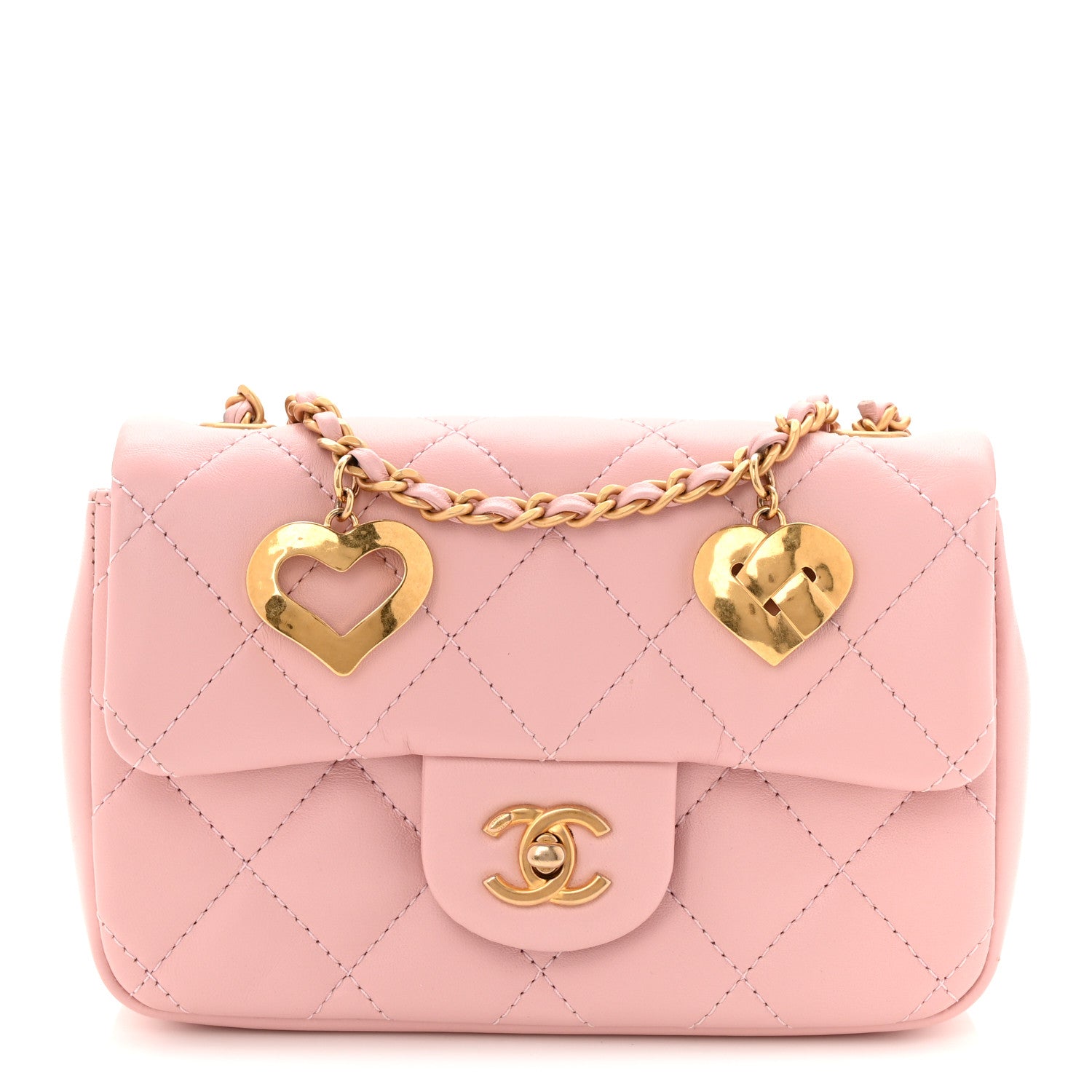 Lambskin Quilted Mini Heart Charms Flap Light Pink