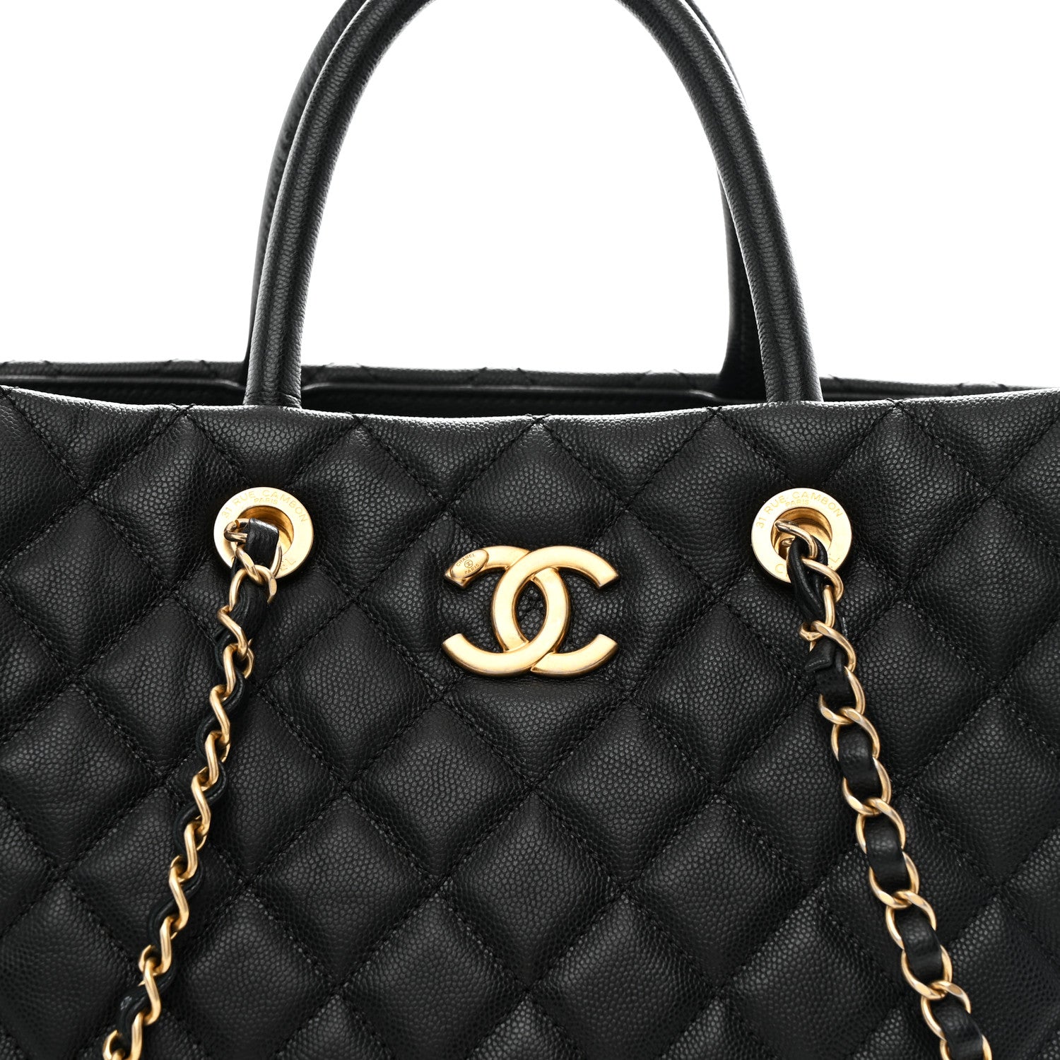Caviar Quilted Large Coco Handle Shopping Tote Black