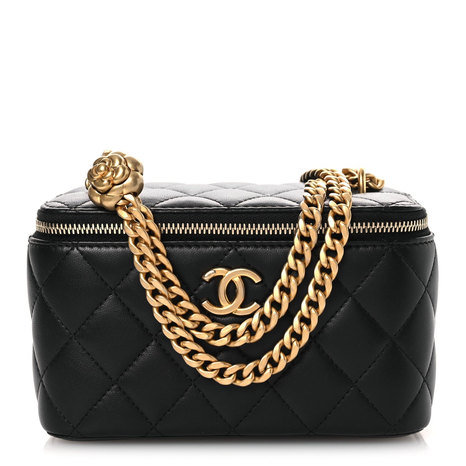 Lambskin Quilted Camellia Vanity Case Black
