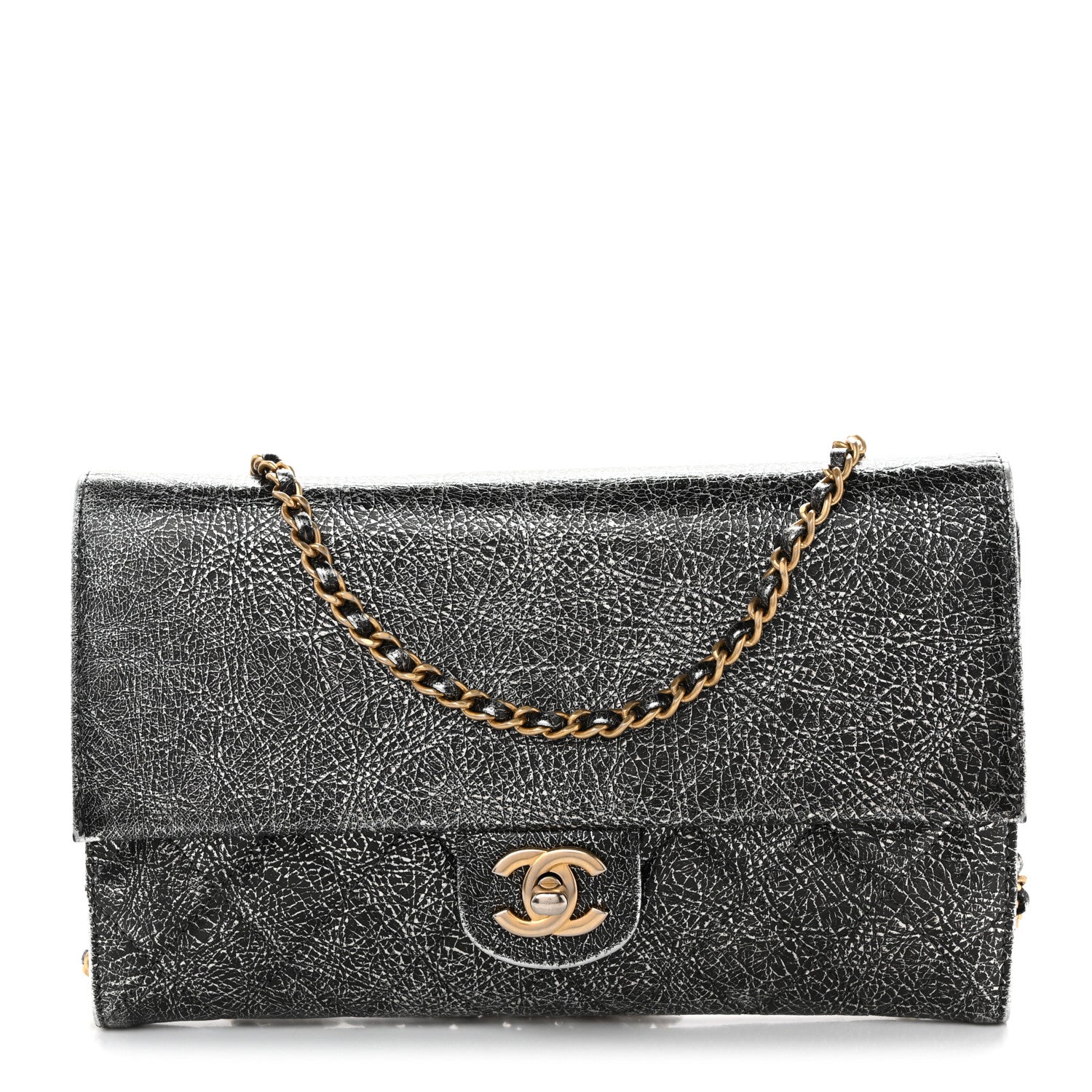 Cracked Metallic Calfskin Quilted Zip Away Chain Clutch Dark Silver