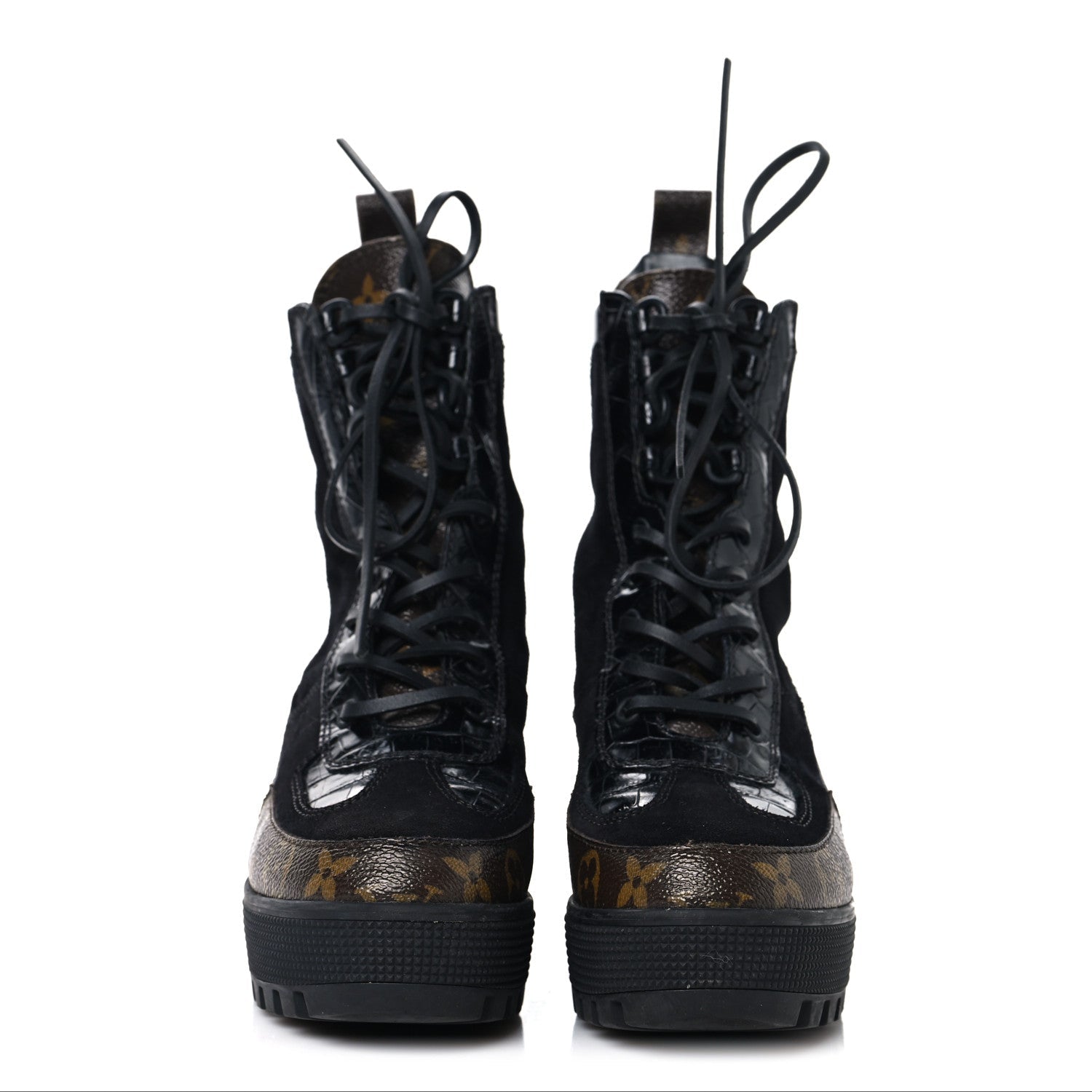 Suede Crocodile Embossed Calfskin Monogram Laureate Platform Desert Boots 36 Black