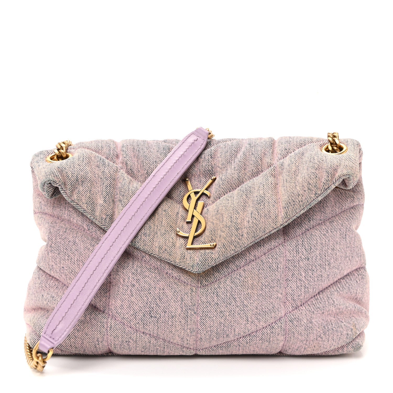 Denim Quilted Small Loulou Puffer Monogram Chain Satchel Bleached Lilac
