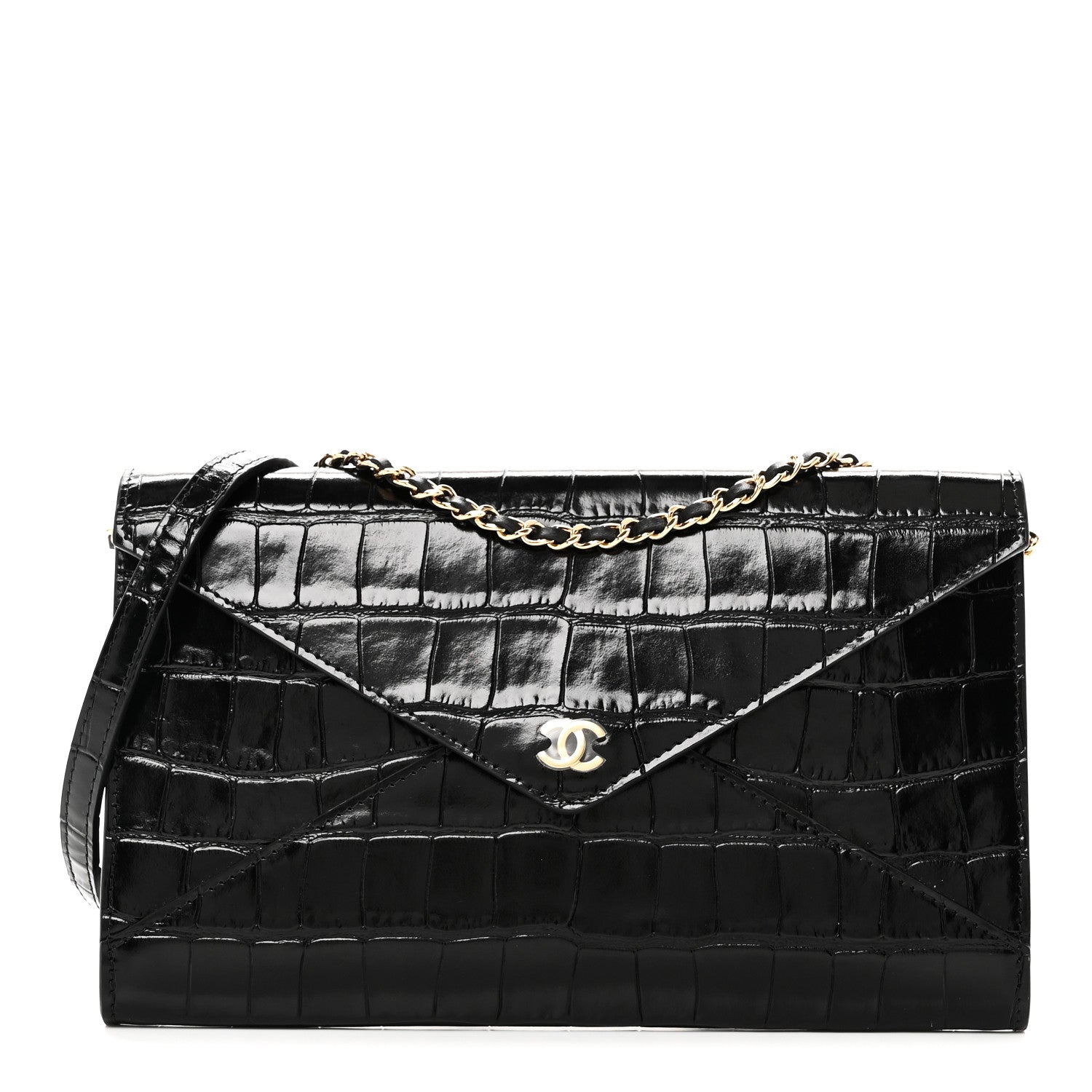 Calfskin Crocodile Embossed Envelope Clutch With Strap Black