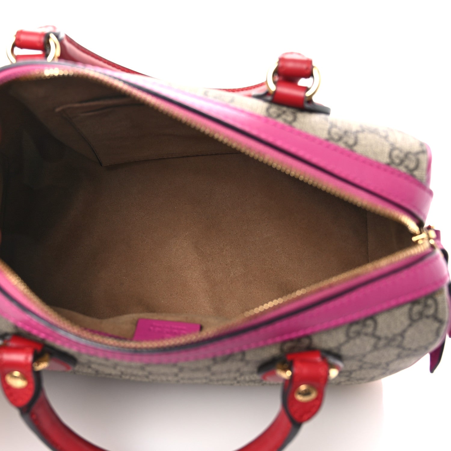 GG Supreme Monogram Moon Calfskin Small Boston Beige Ebony Hibiscus Red New Rosette