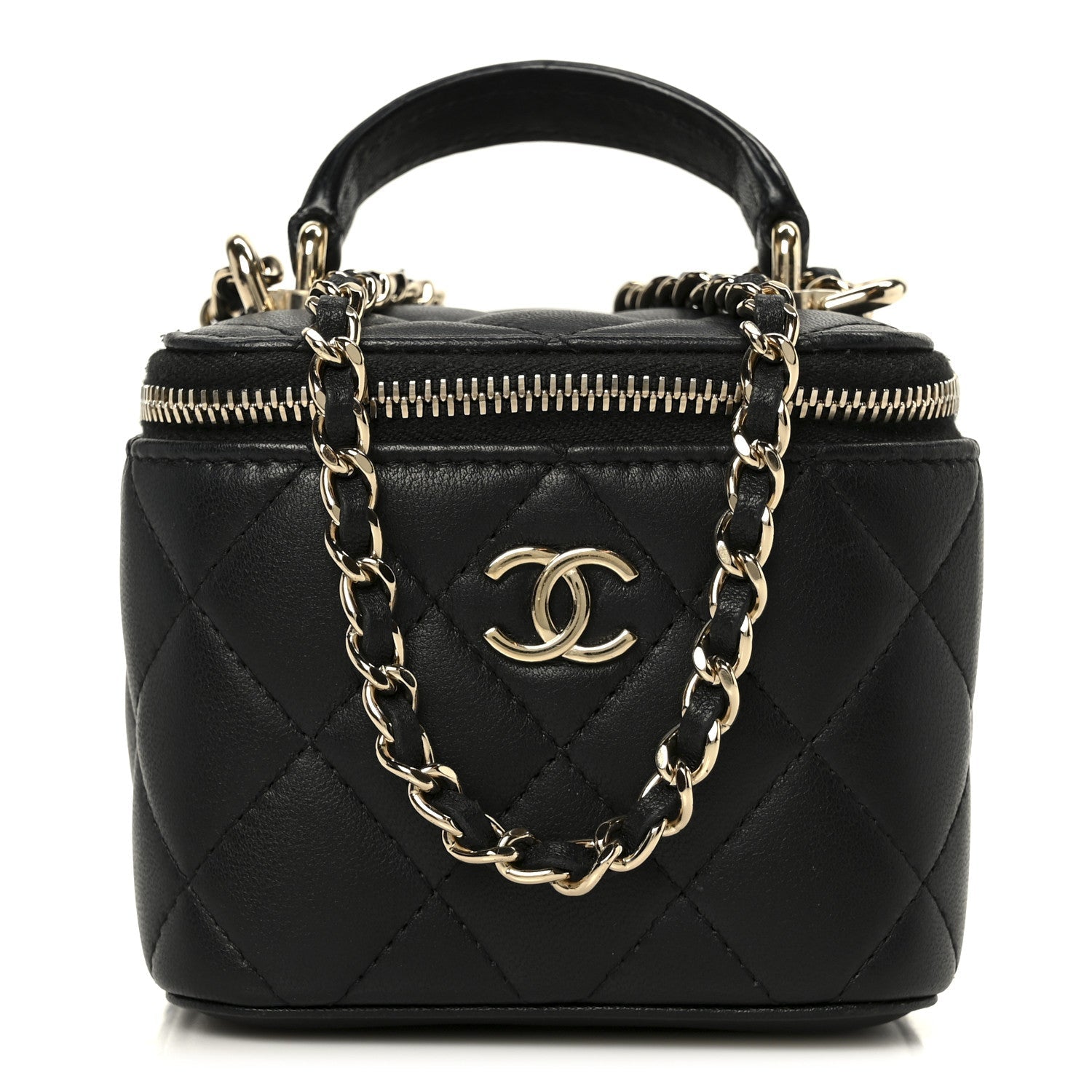 Lambskin Quilted Top Handle Mini Vanity Case With Chain Black