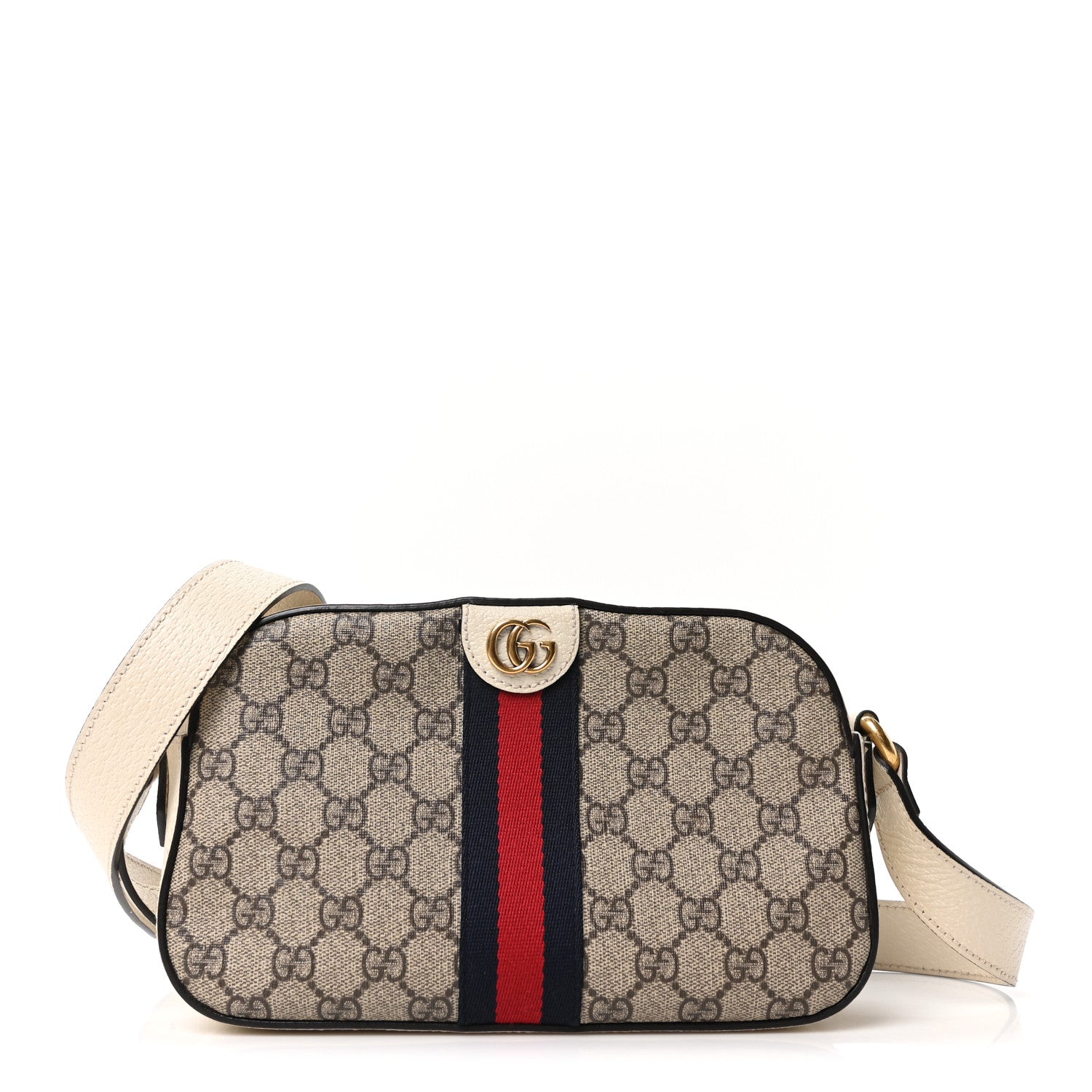 GG Supreme Monogram Textured Calfskin Web Small Ophidia Camera Bag Beige Ebony Mystic White