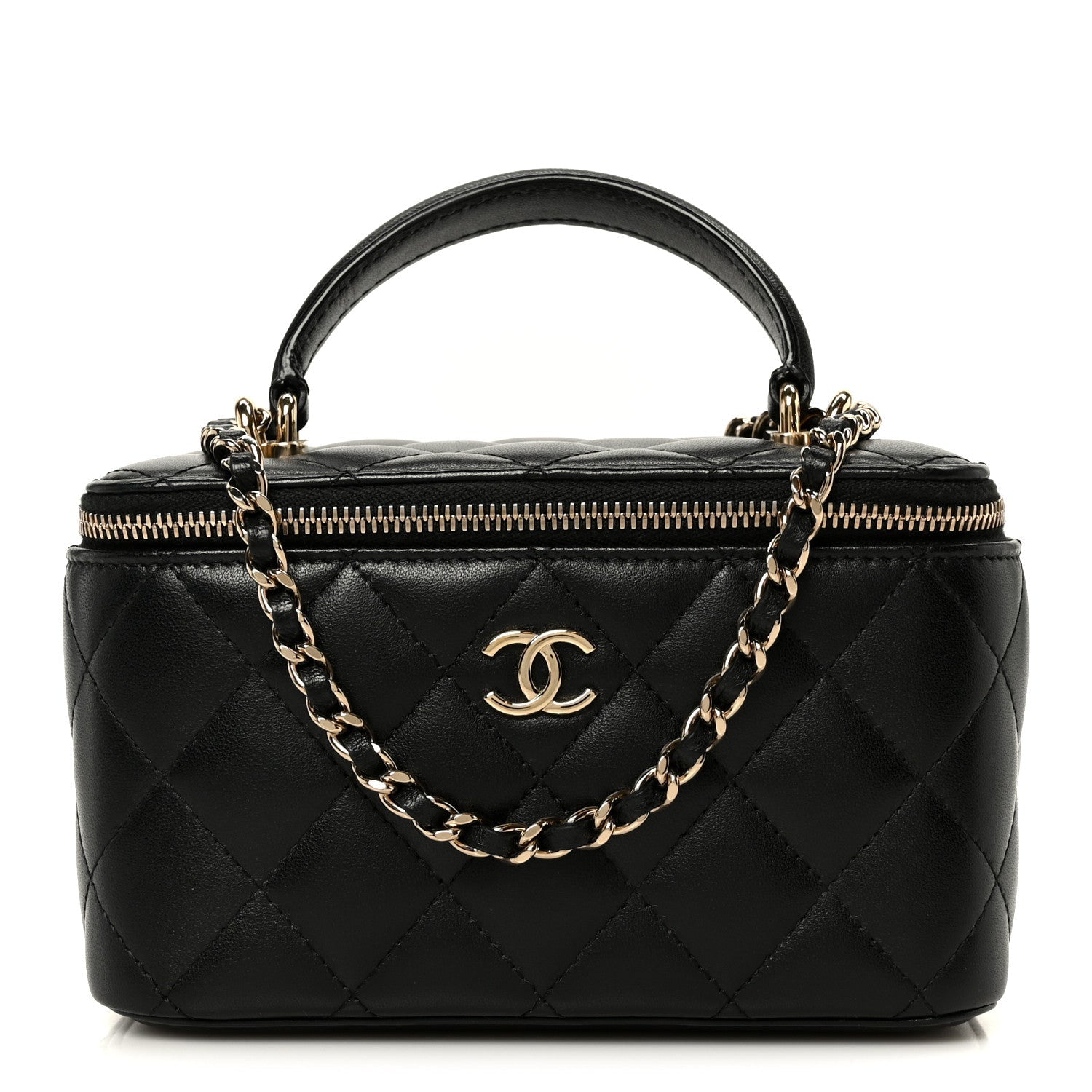 Lambskin Quilted Small Top Handle Vanity Case With Chain Black