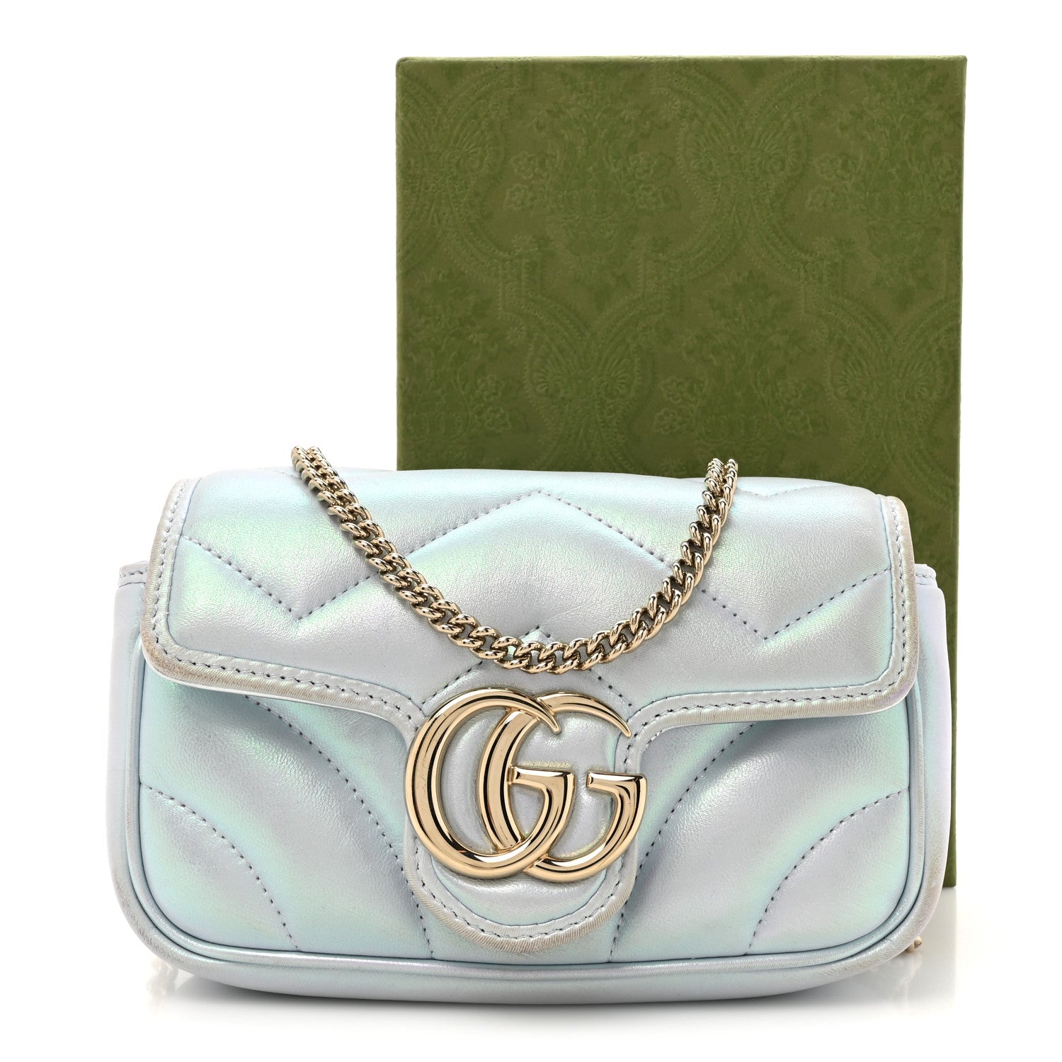 Iridescent Nappa Chevron Matelasse Super Mini GG Marmont Shoulder Bag Iridescent Snow Light Blue