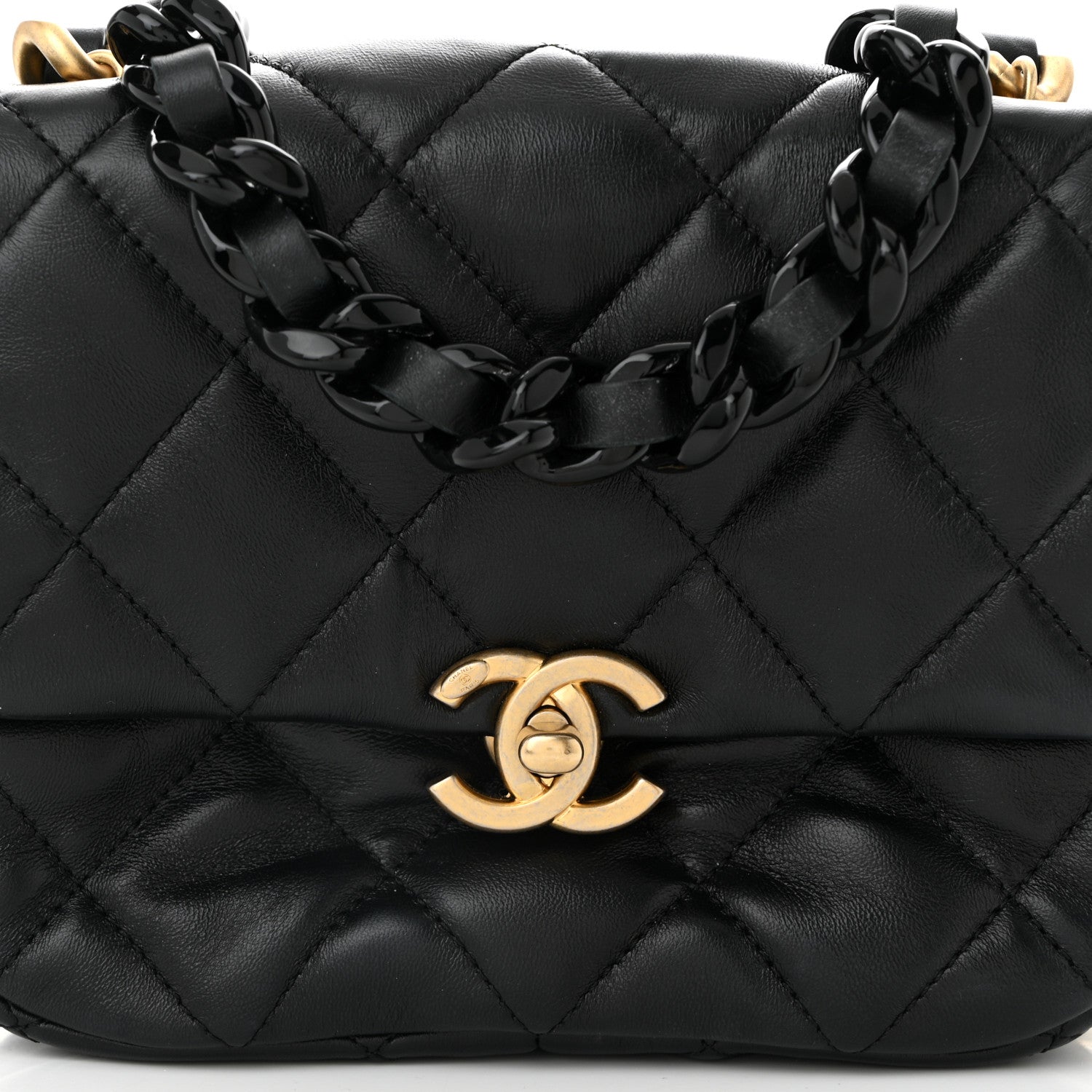 Lambskin Quilted Mini Lacquered Chain Flap Black