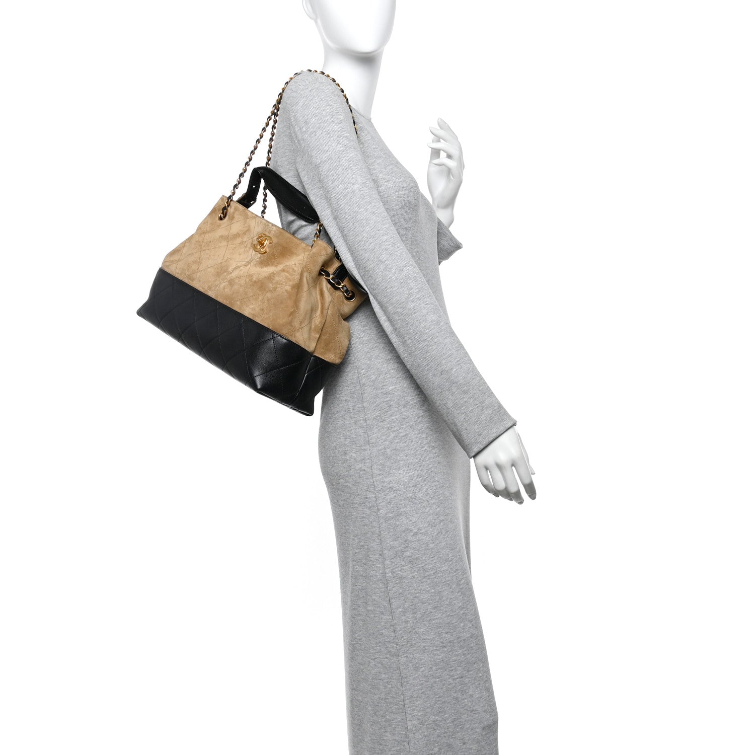 Suede Calfskin Shiny Lambskin Quilted Small Shopping Bag Beige Black