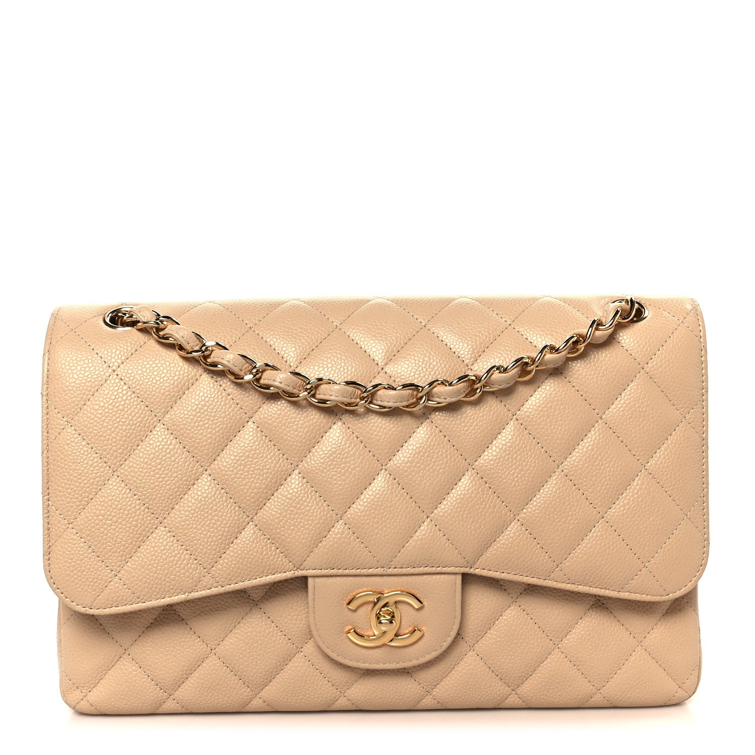 Caviar Quilted Jumbo Double Flap Beige Clair
