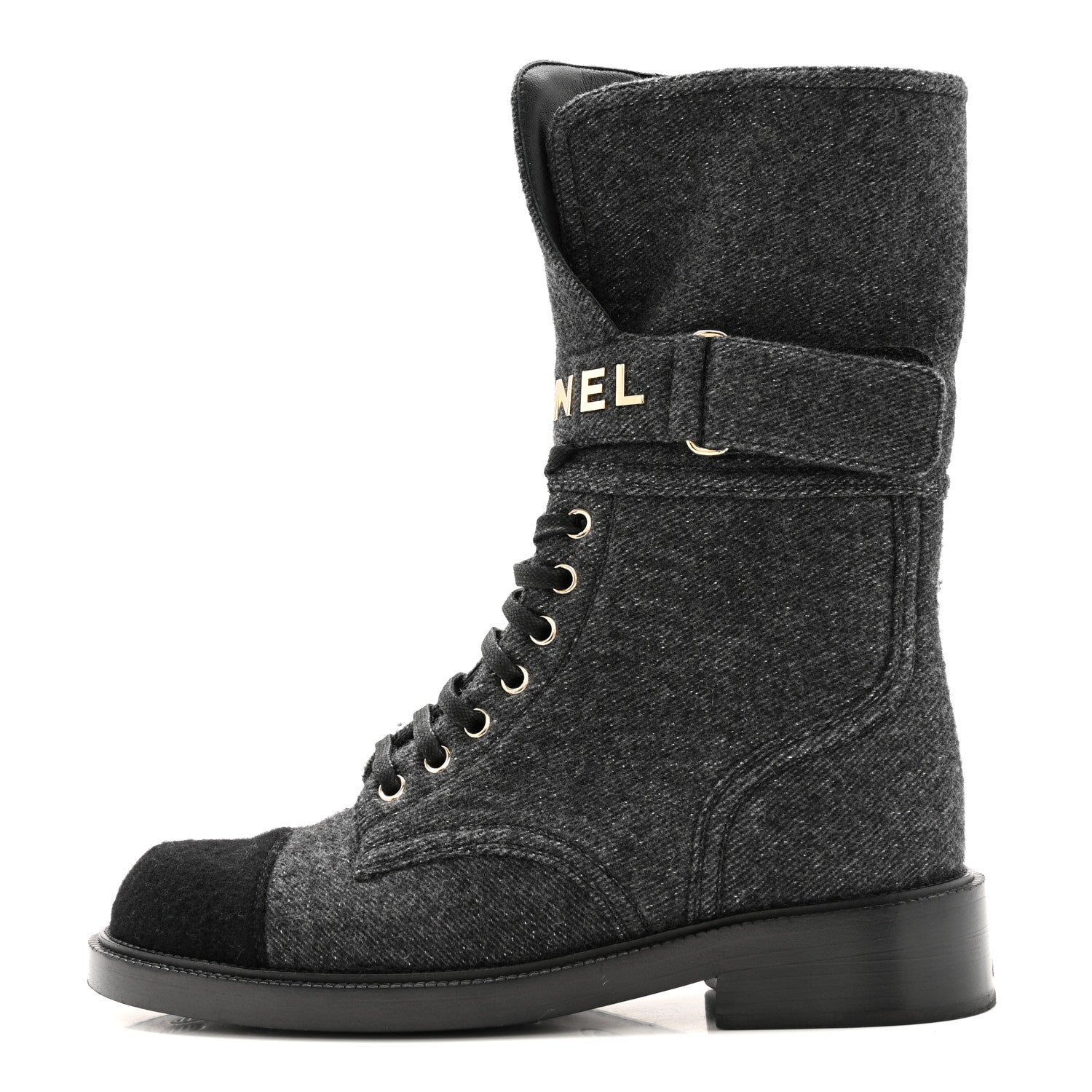 Tweed Lace Up Combat Boots 37.5 Dark Grey Black