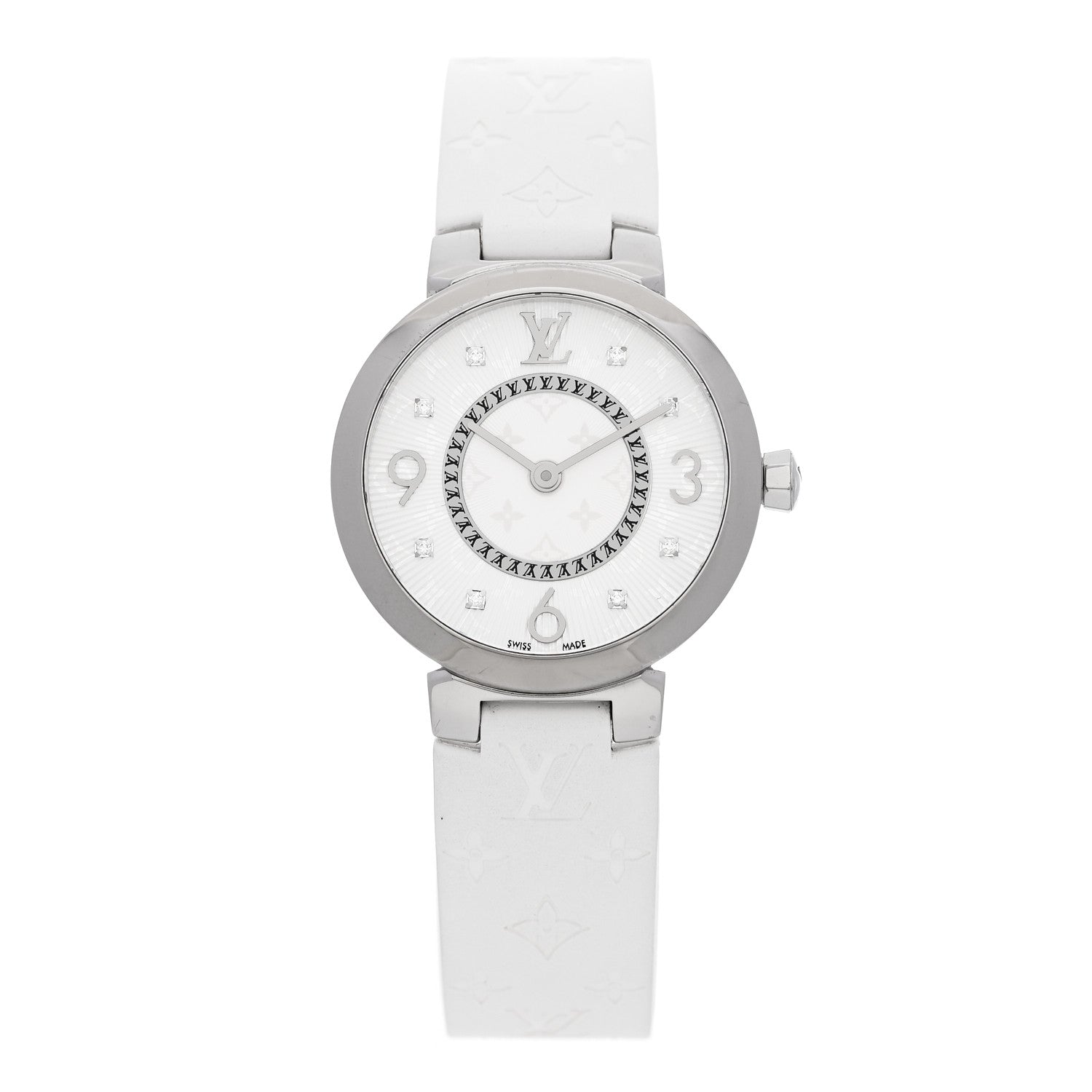 Stainless Steel Rubber Diamond 28mm Tambour Slim Quartz Watch White