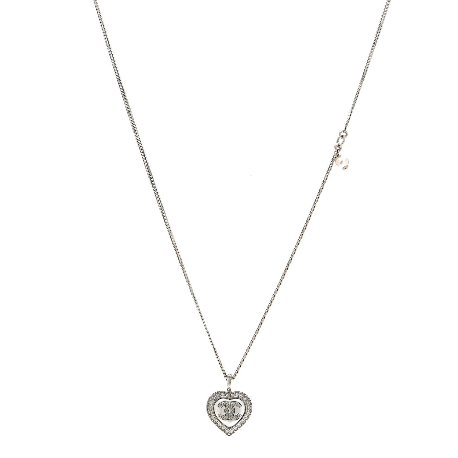 Crystal Pearl CC Heart Necklace Silver