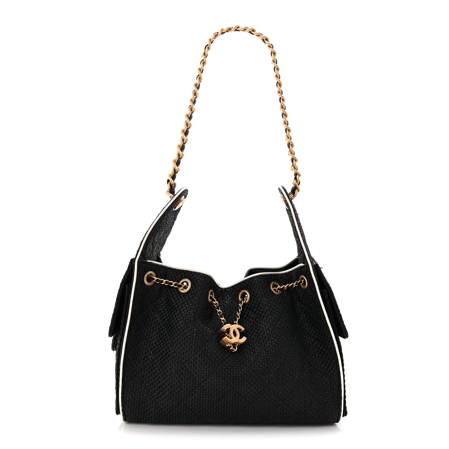 Braided Raffia Calfskin Small Chanel 25 Handbag Black White