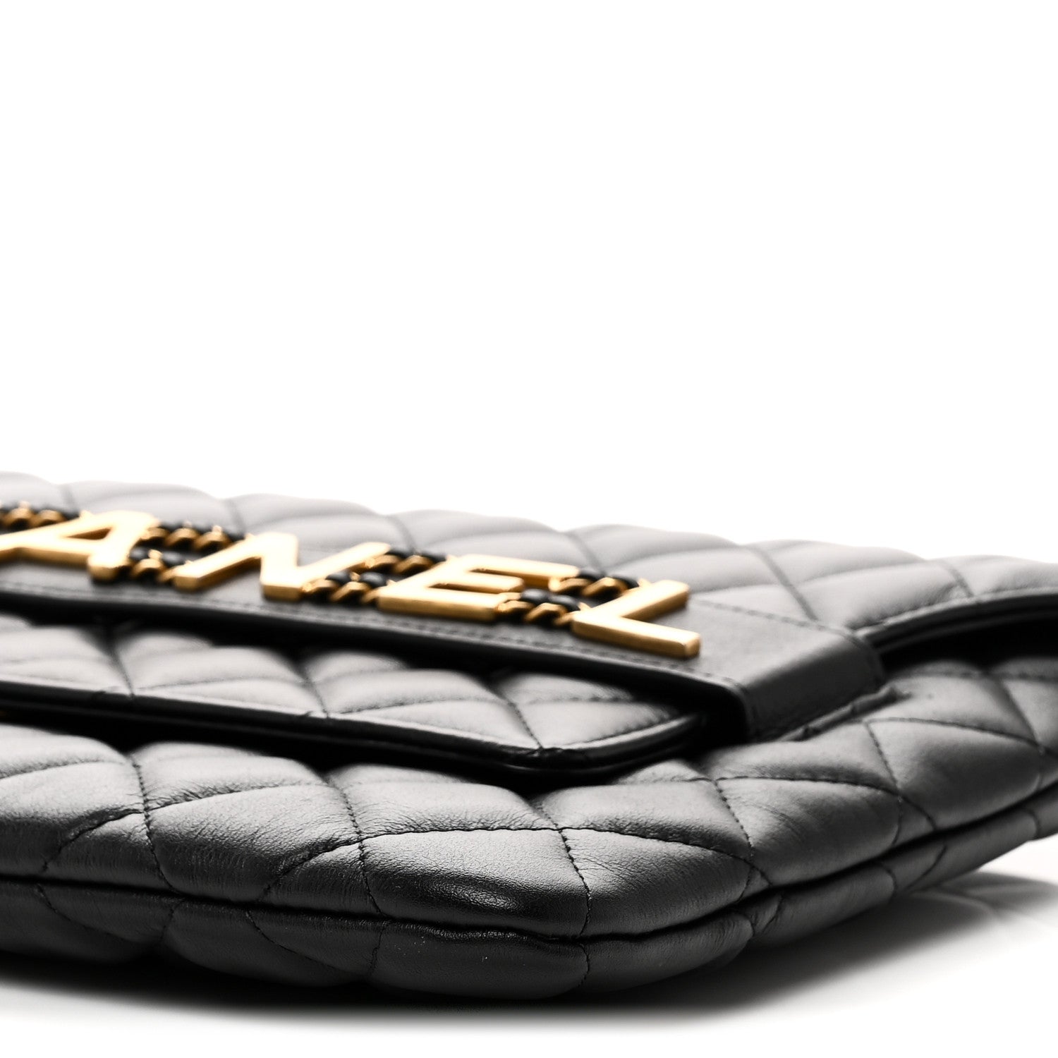 Calfskin Quilted Front Logo Enchained Clutch Black