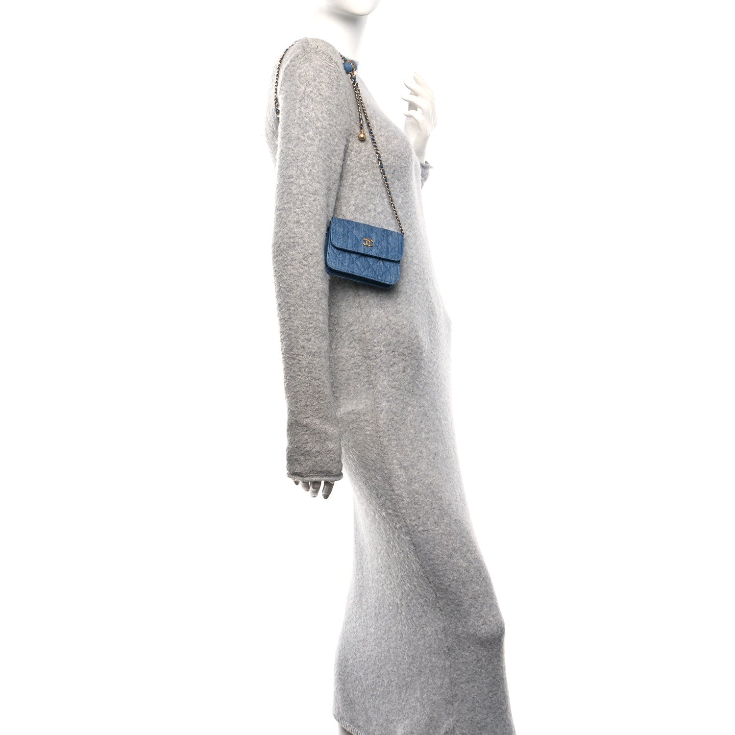 Denim Quilted CC Pearl Crush Clutch With Chain Blue