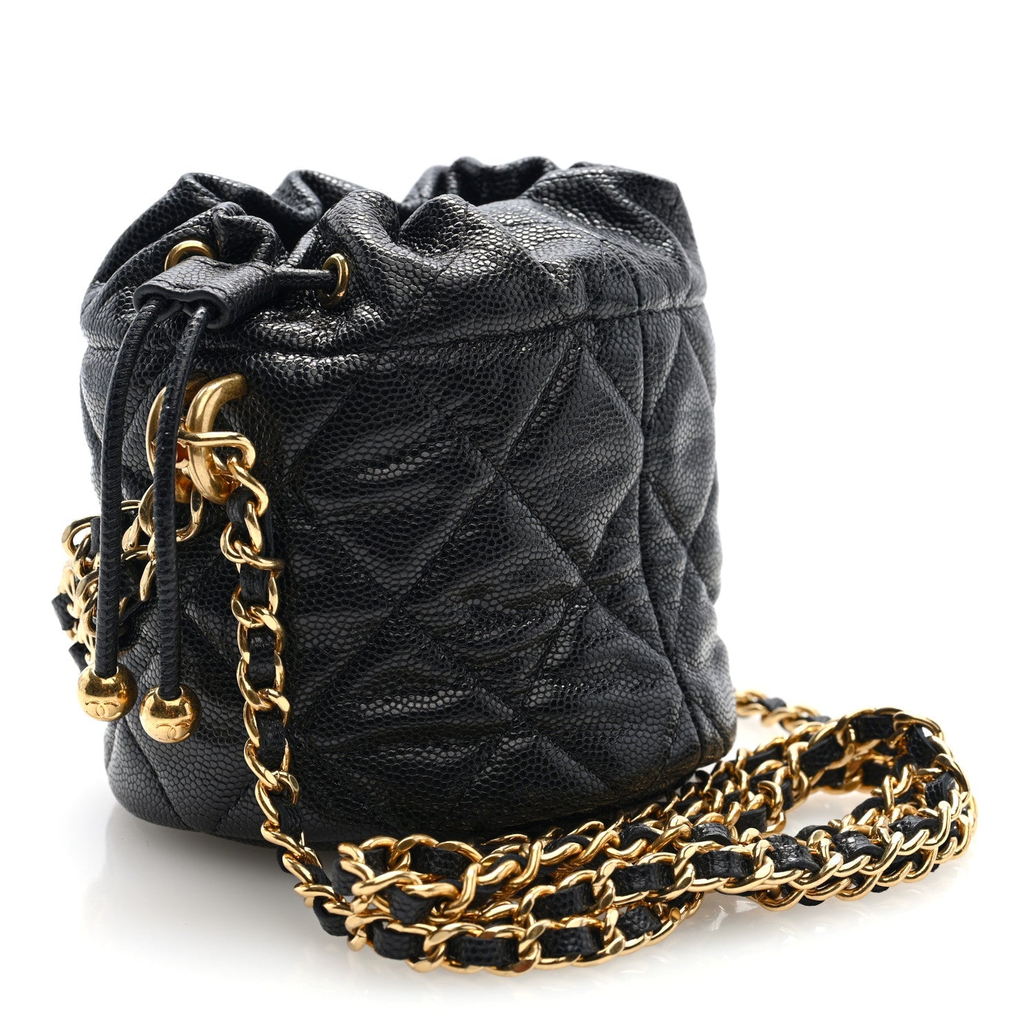 Caviar Quilted Coco First Bucket Clutch With Chain Black