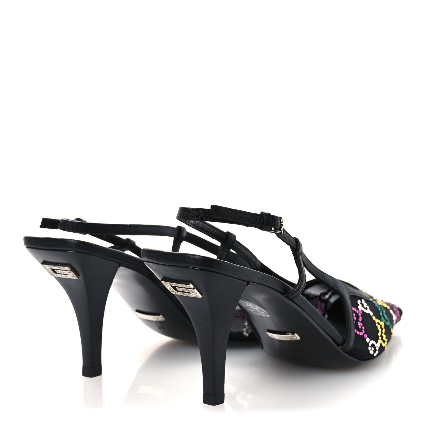 Tela Retino Nappa Charlotte Crystal GG Monogram Square G 75mm Slingback Pumps 37 Black