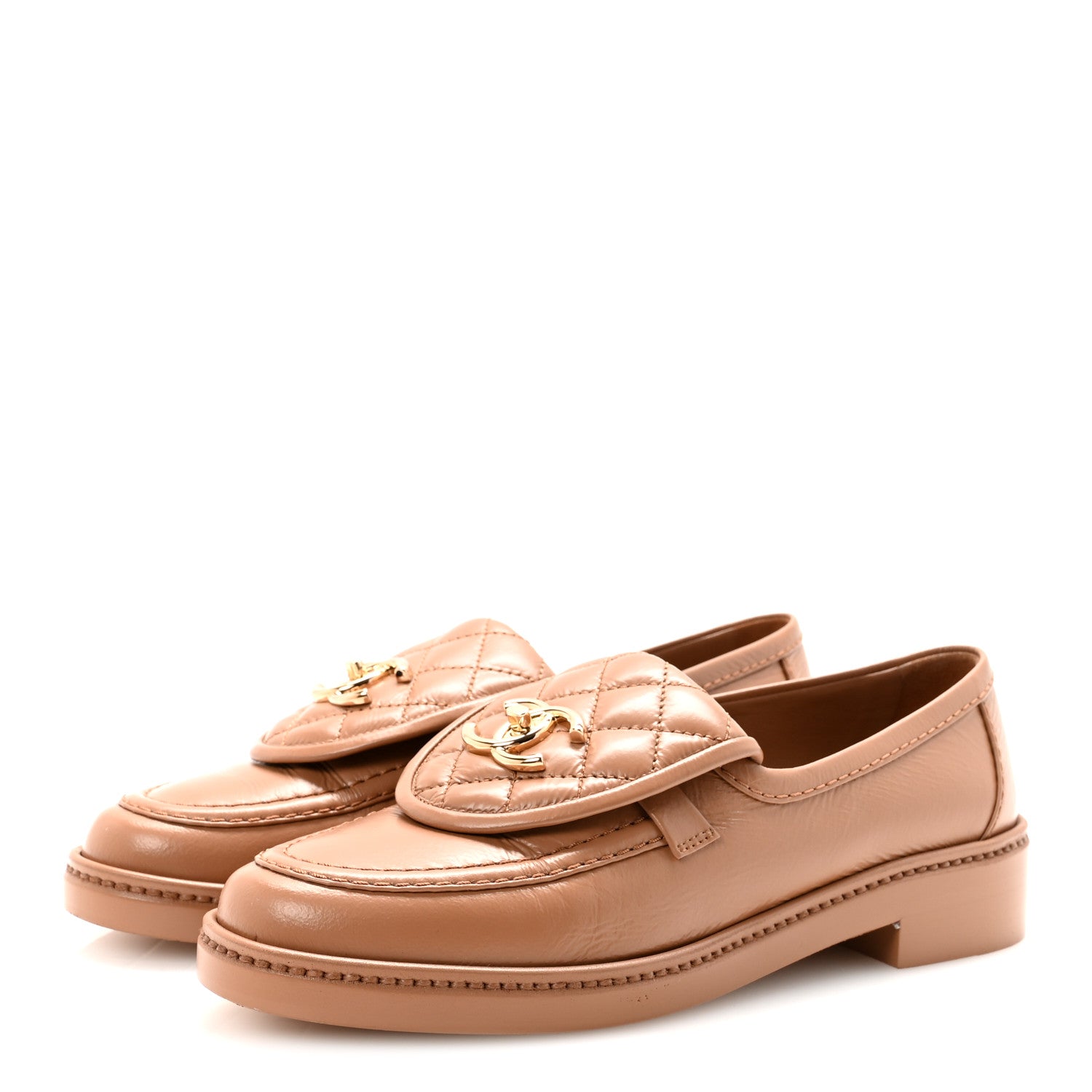 Crumpled Lambskin Quilted CC Turnlock Moccasins 37 Dark Beige