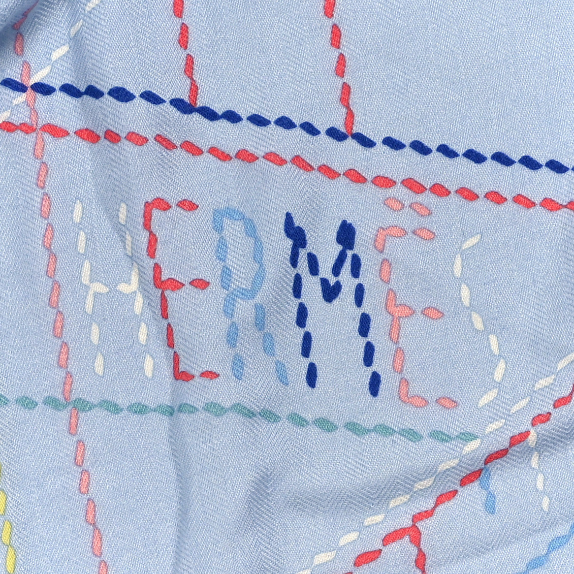 Cashmere Silk Embroidered Giant Pique Sellier Scarf 140 Bleu Ciel Rose Jaune