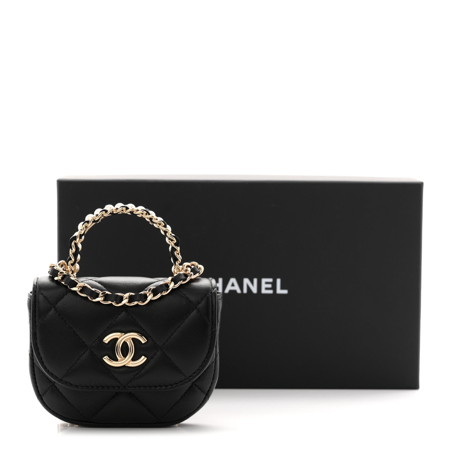 Lambskin Quilted Pearl Top Handle Clutch With Chain Black