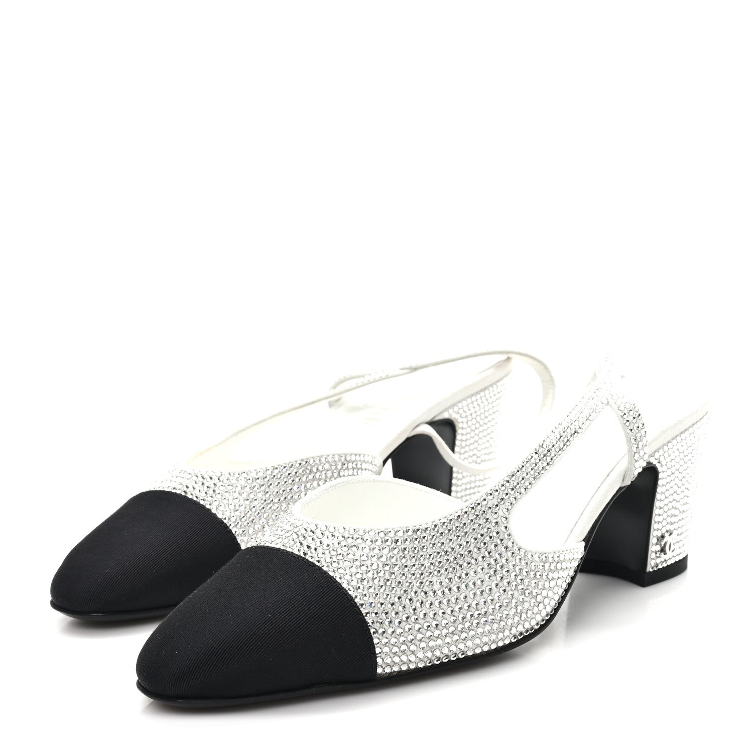 Strass Grosgrain Cap Toe CC Slingback Pumps 36 Silver Black