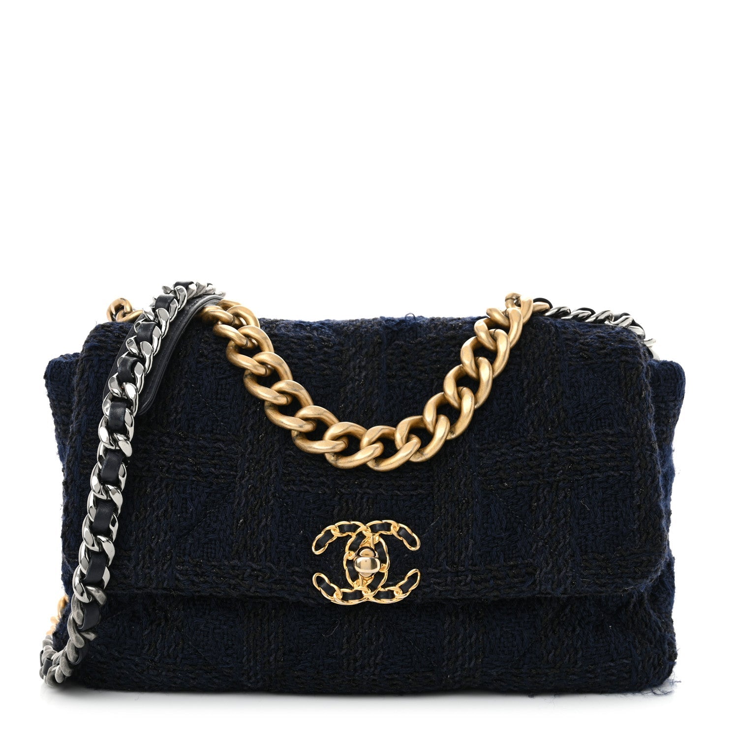 Tweed Quilted Large Chanel 19 Flap Navy Blue