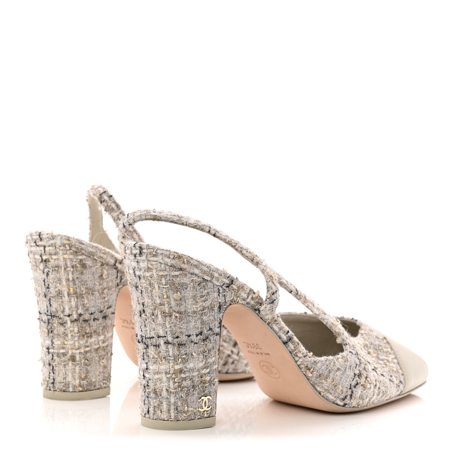 Wool Cotton Tweed Lambskin Cap Toe CC Slingback Pumps 39.5 Grey Black Gold