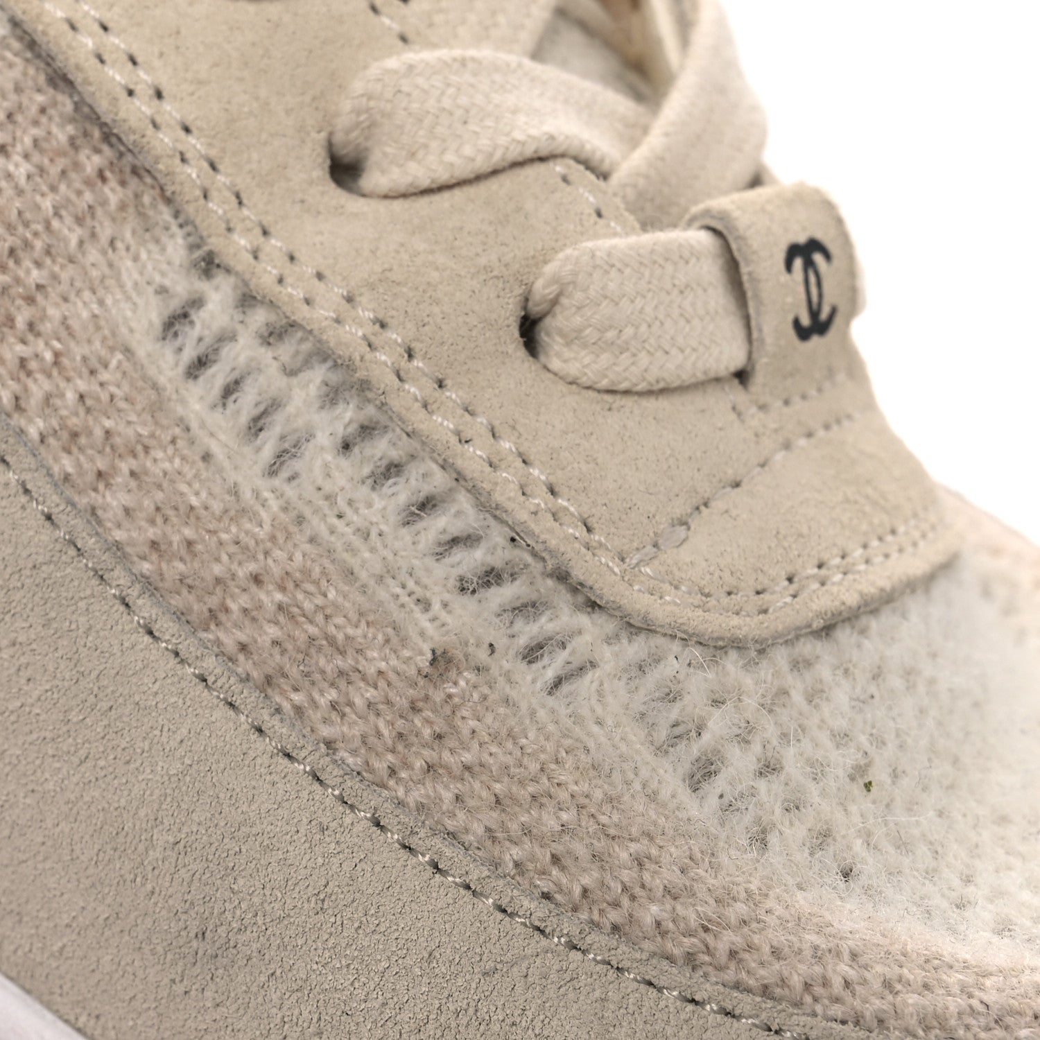 Knit Fabric Suede Calfskin Womens CC Sneakers 38.5 Ivory