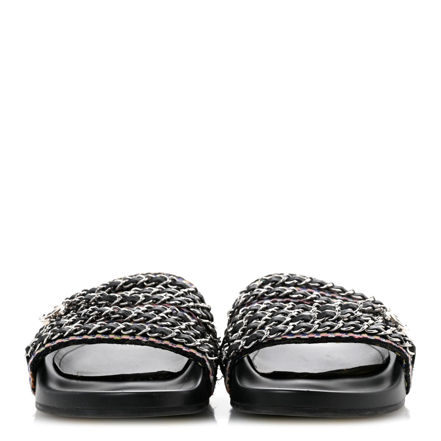 Satin Canvas Chain Slides Sandals Flats 37.5 Marine