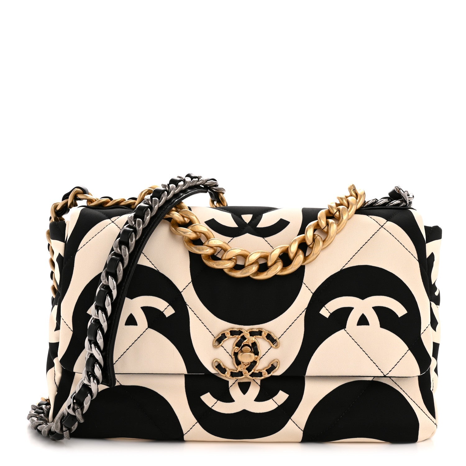 Fabric Printed Large Chanel 19 Flap Black Ecru