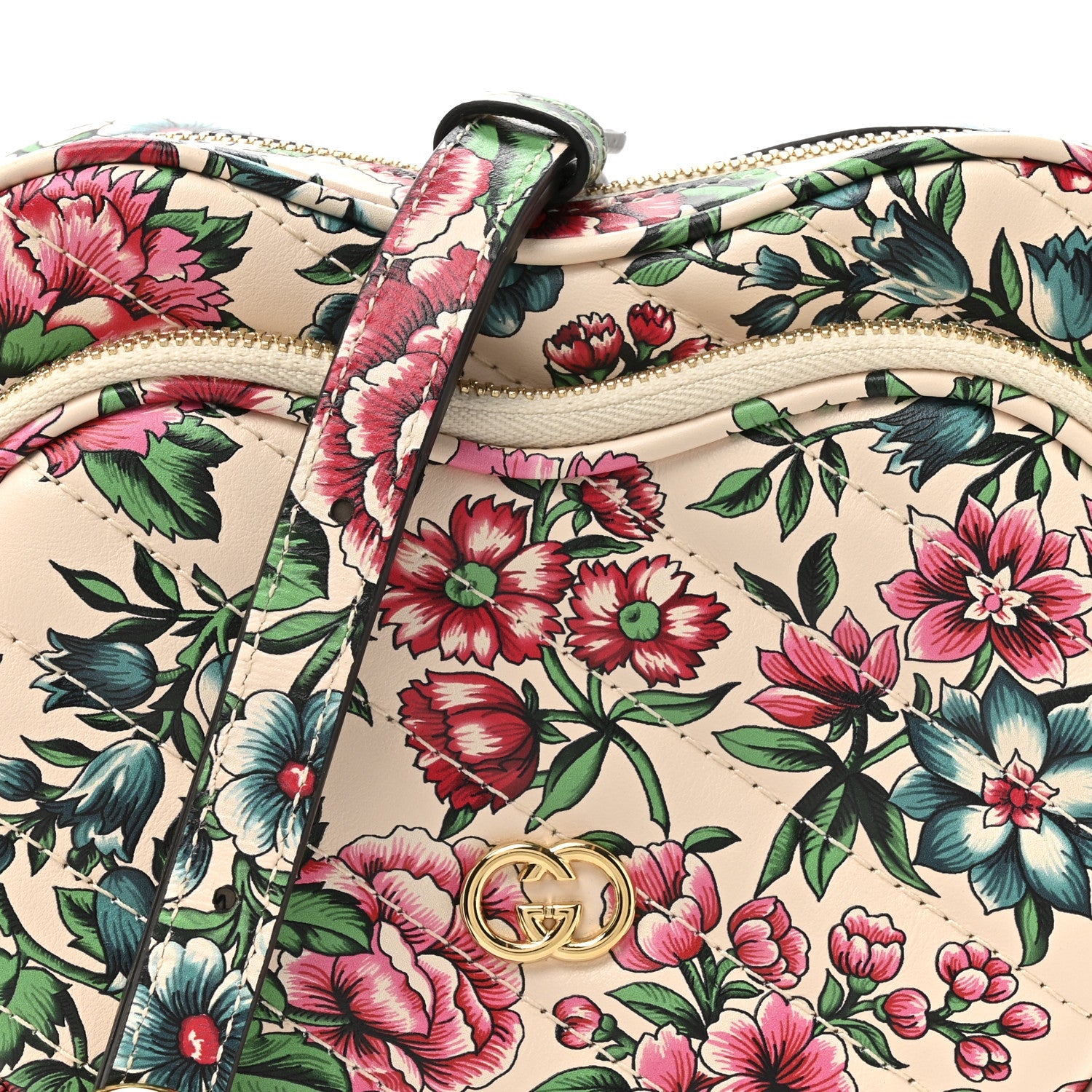Calfskin Matelasse Diagonal Brit Roses Print Mini Interlocking G Heart Shoulder Bag  White Multicolor