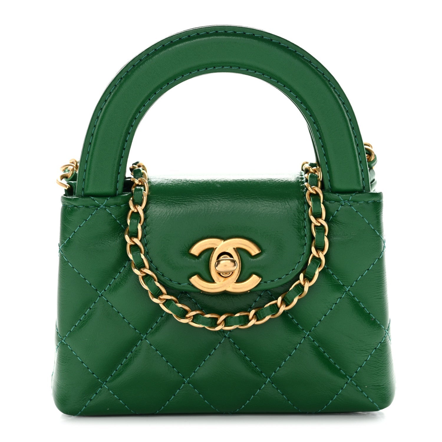 Shiny Aged Calfskin Quilted Mini Nano Kelly Shopper Green