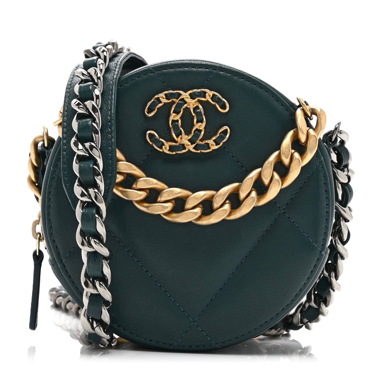 Lambskin Quilted Chanel 19 Round Clutch With Chain Green