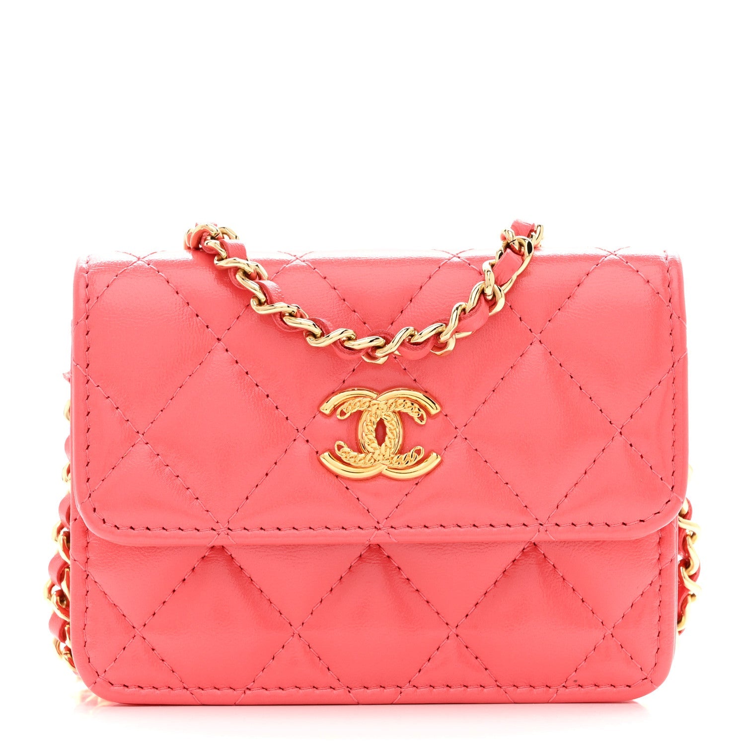 Shiny Lambskin Quilted Card Holder On Chain Pink