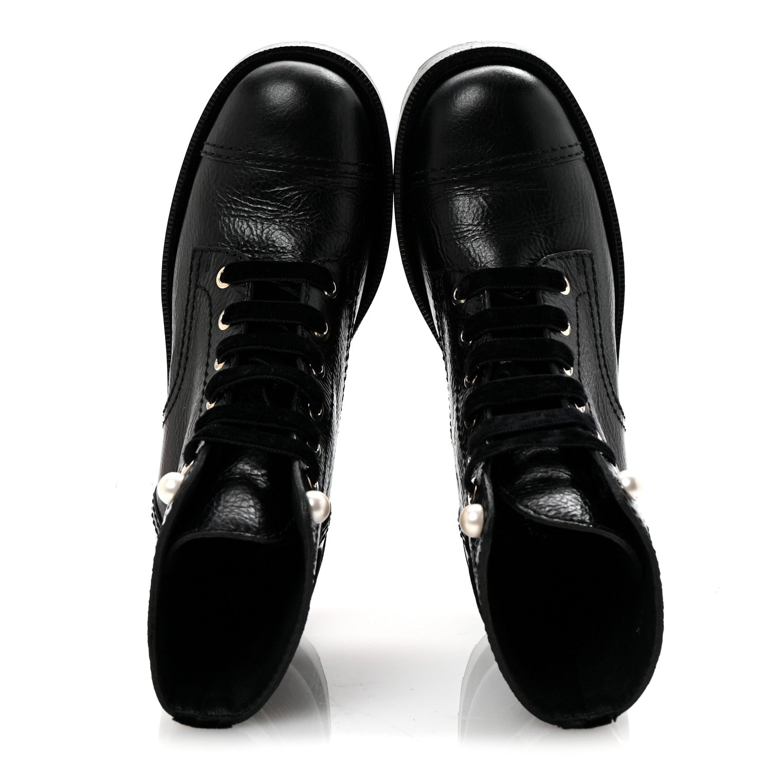 Shiny Calfskin Velvet Pearl Combat Short Boots 37 Black