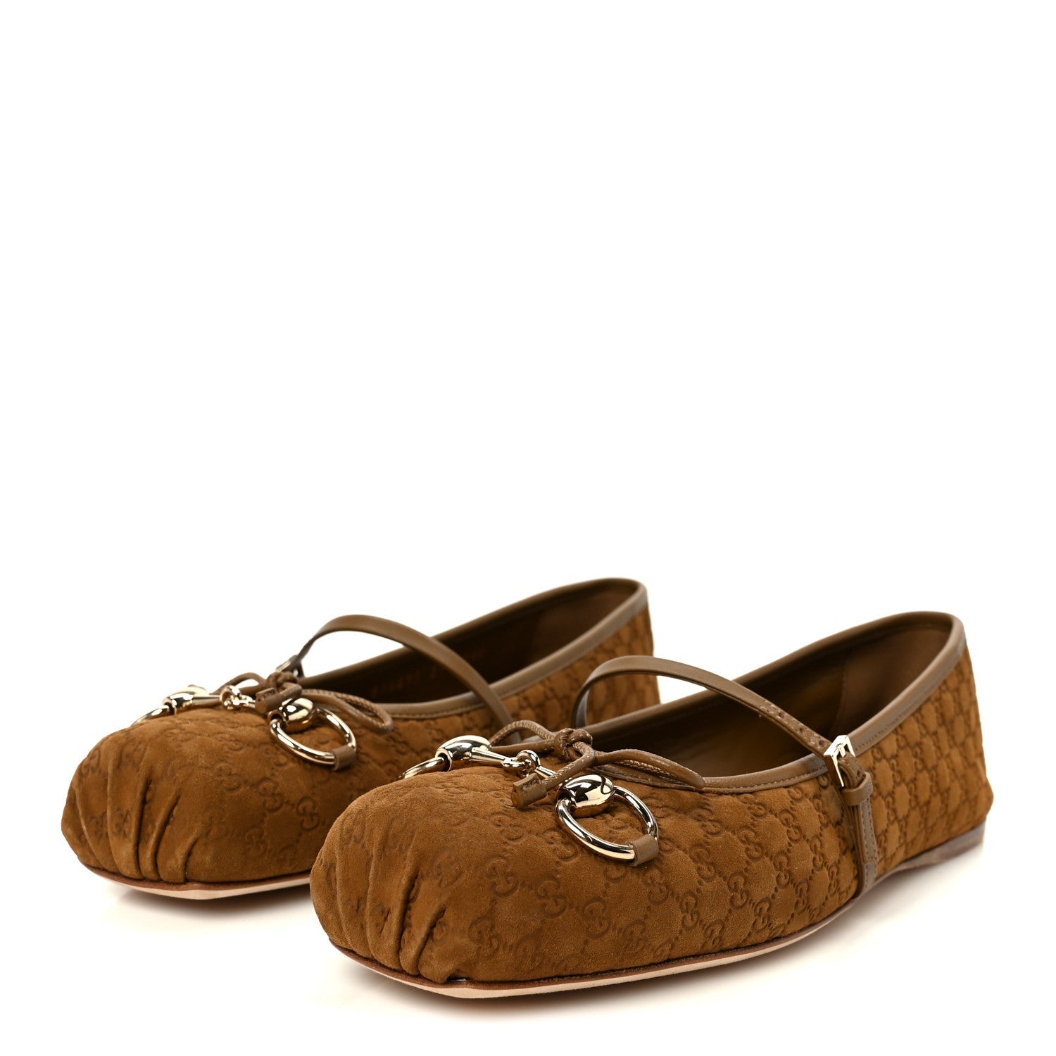 Kid Scamosciato Micro GG Monogram Horsebit Ballet Flats 37.5 Cuoio Dafne