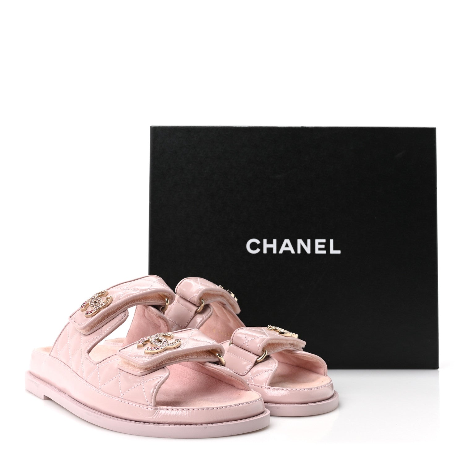 Shiny Calfskin Quilted Velcro Dad Crystal CC Slide Sandals 37.5 Light Pink