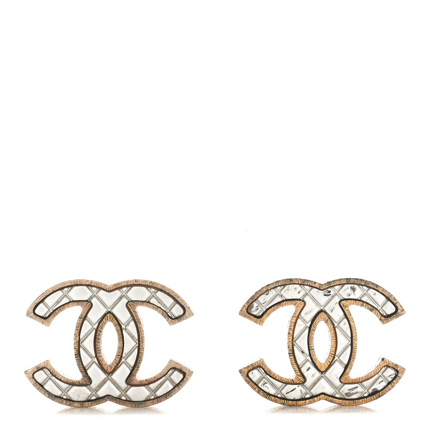 Metal Quilted CC Earrings Gold White