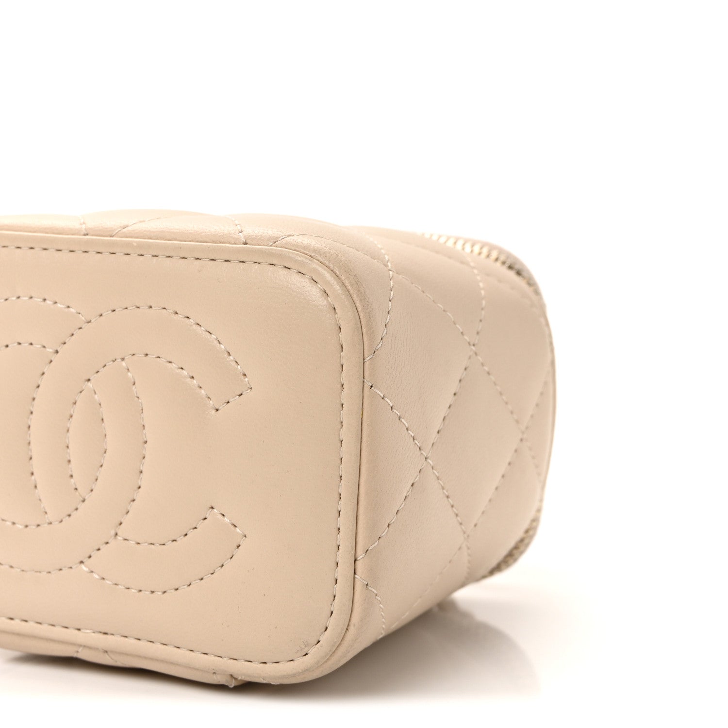 Lambskin Quilted Top Handle Mini Vanity Case With Chain Beige